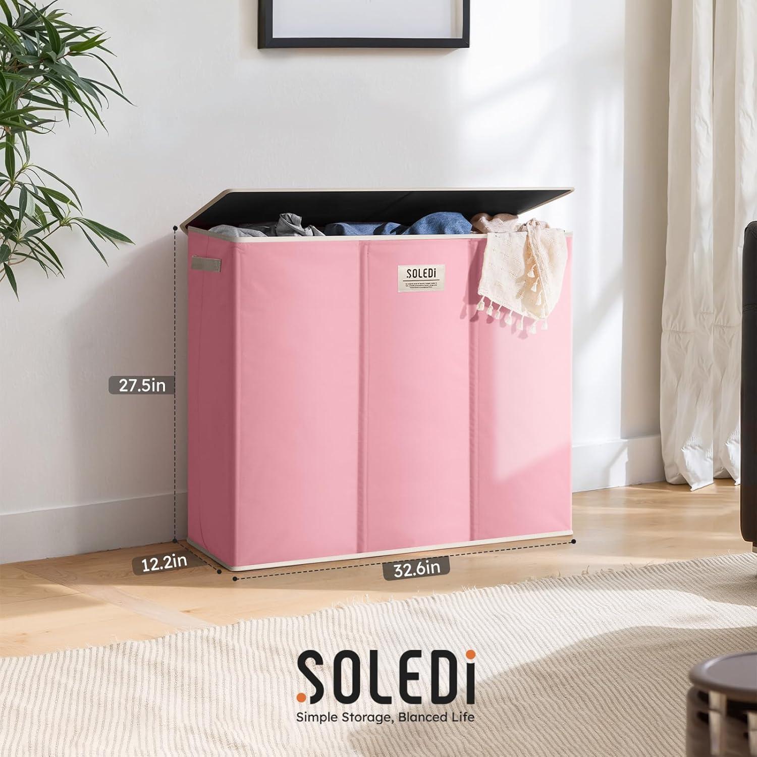 imageSOLEDI 180L Laundry Hamper 3 Section Extra Large Laundry Hamper with Lid Dirty Clothes Hamper with Sturdy Handle Large Laundry Basket Organizer for Laundry Room Bedroom Hampers for LaundryStrawberry Milkshake Pink