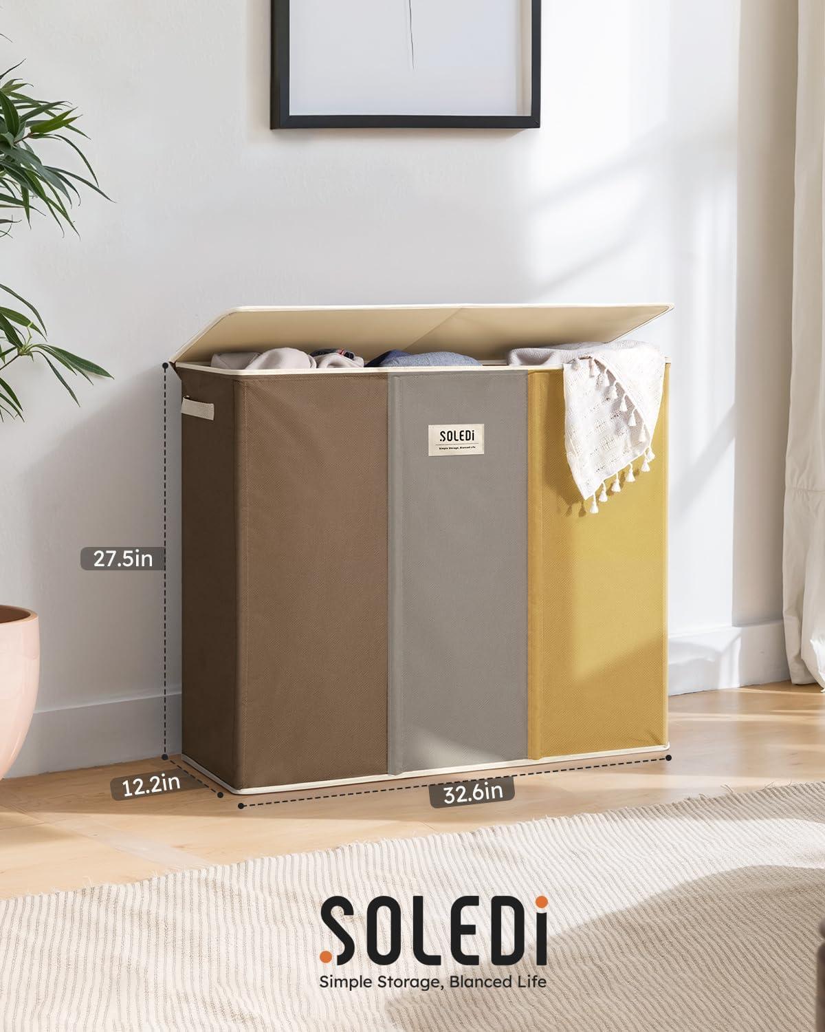 imageSOLEDI 180L Laundry Hamper 3 Section Extra Large Laundry Hamper with Lid Dirty Clothes Hamper with Sturdy Handle Large Laundry Basket Organizer for Laundry Room Bedroom Hampers for LaundryBrownGreyYellow