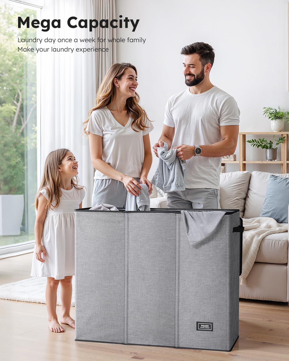 imageSOLEDI 180L Laundry Hamper 3 Section Extra Large Laundry Hamper with Lid Dirty Clothes Hamper with Sturdy Handle Large Laundry Basket Organizer for Laundry Room Bedroom Hampers for LaundryGrey