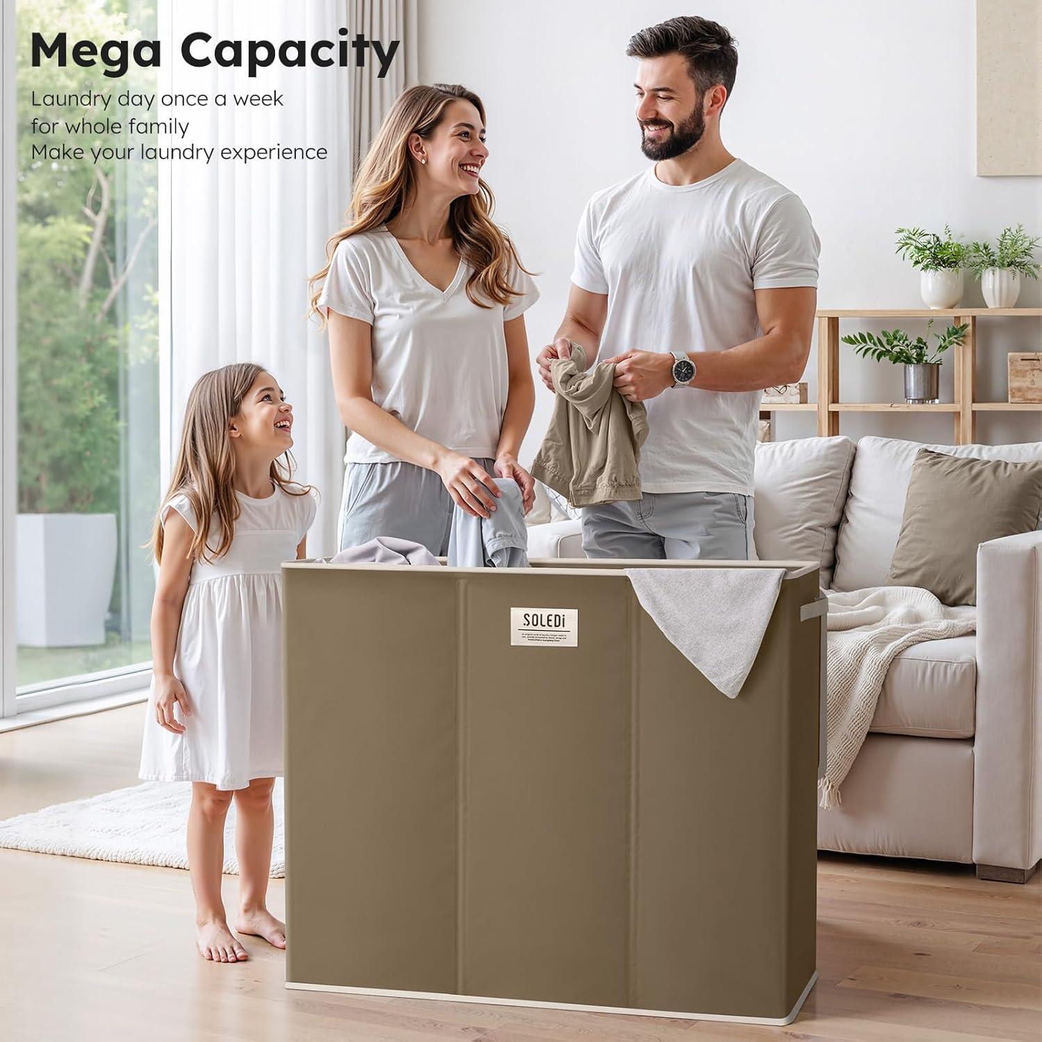 imageSOLEDI 180L Laundry Hamper 3 Section Extra Large Laundry Hamper with Lid Dirty Clothes Hamper with Sturdy Handle Large Laundry Basket Organizer for Laundry Room Bedroom Hampers for LaundryChocolate Brown