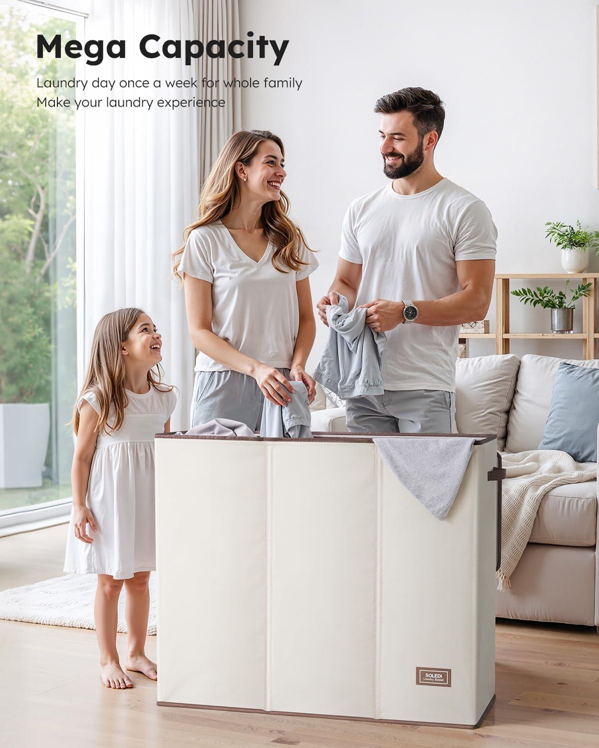 imageSOLEDI 180L Laundry Hamper 3 Section Extra Large Laundry Hamper with Lid Dirty Clothes Hamper with Sturdy Handle Large Laundry Basket Organizer for Laundry Room Bedroom Hampers for LaundryOffwhite