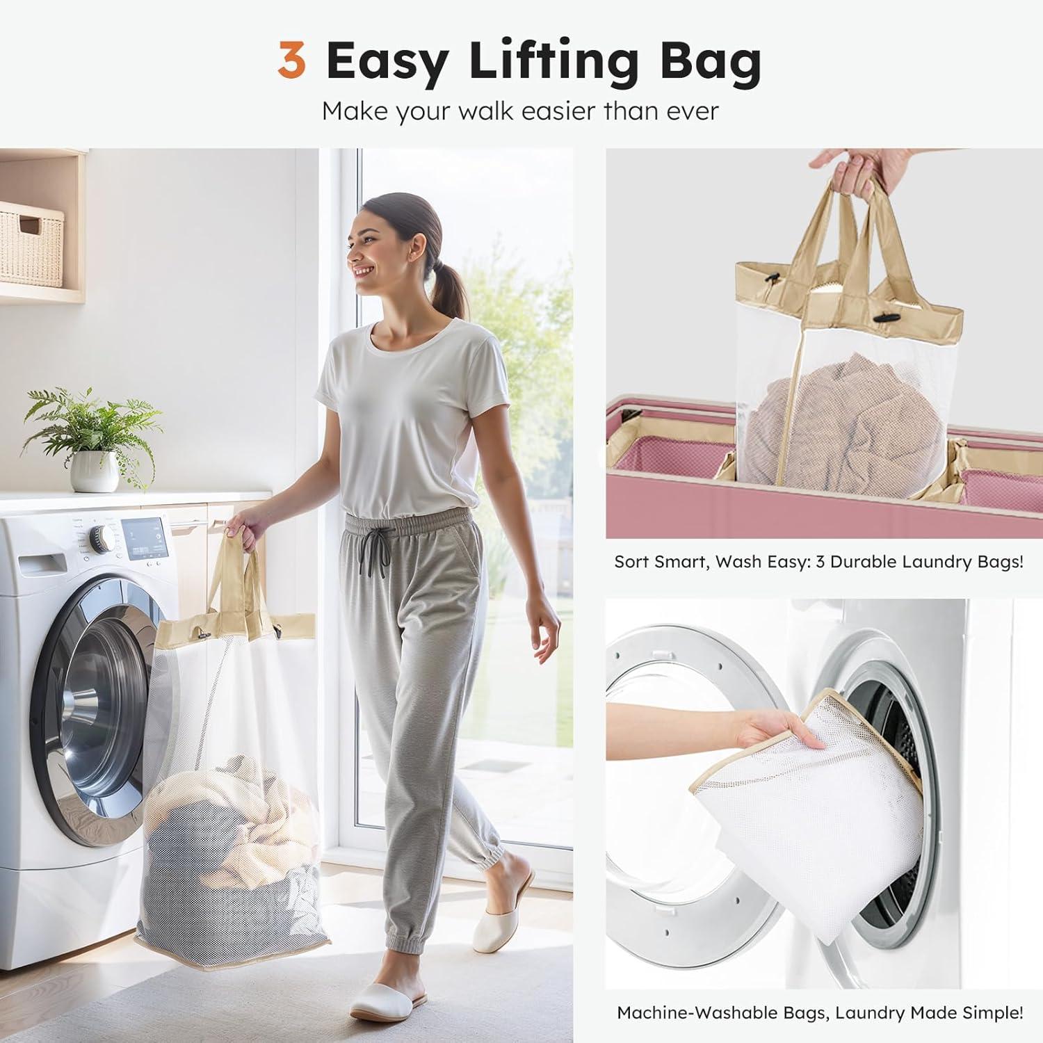 imageSOLEDI 180L Laundry Hamper 3 Section Extra Large Laundry Hamper with Lid Dirty Clothes Hamper with Sturdy Handle Large Laundry Basket Organizer for Laundry Room Bedroom Hampers for LaundryStrawberry Milkshake Pink
