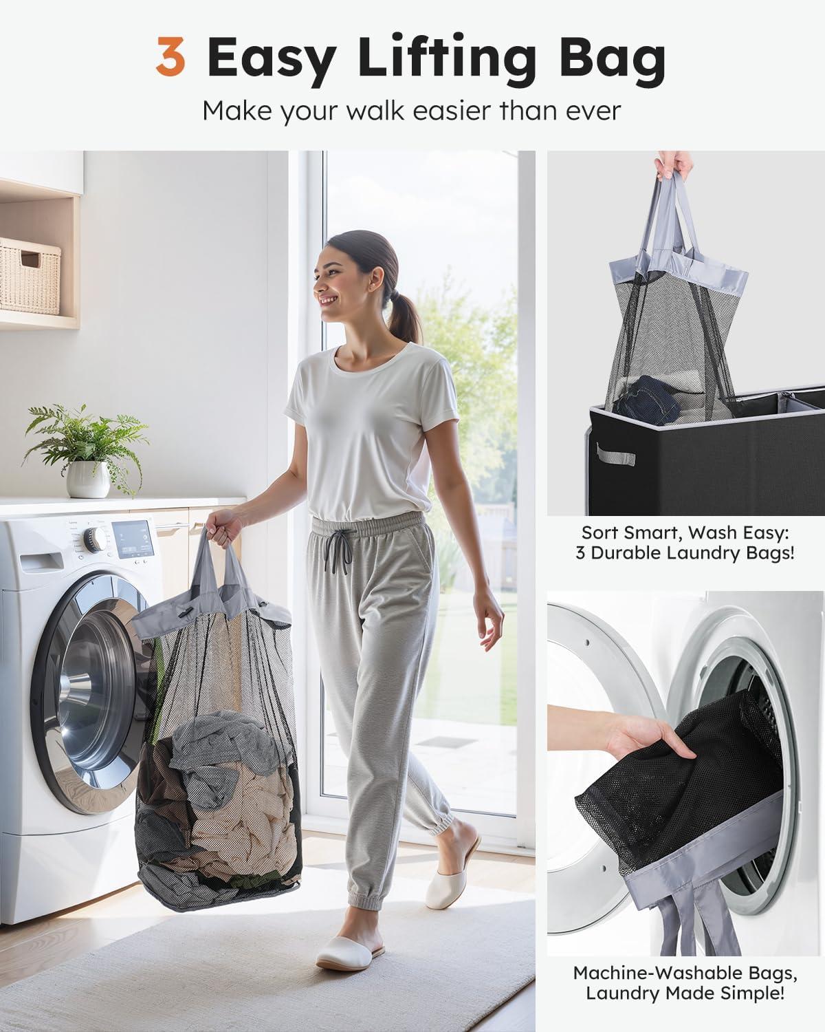 imageSOLEDI 180L Laundry Hamper 3 Section Extra Large Laundry Hamper with Lid Dirty Clothes Hamper with Sturdy Handle Large Laundry Basket Organizer for Laundry Room Bedroom Hampers for LaundryBlack