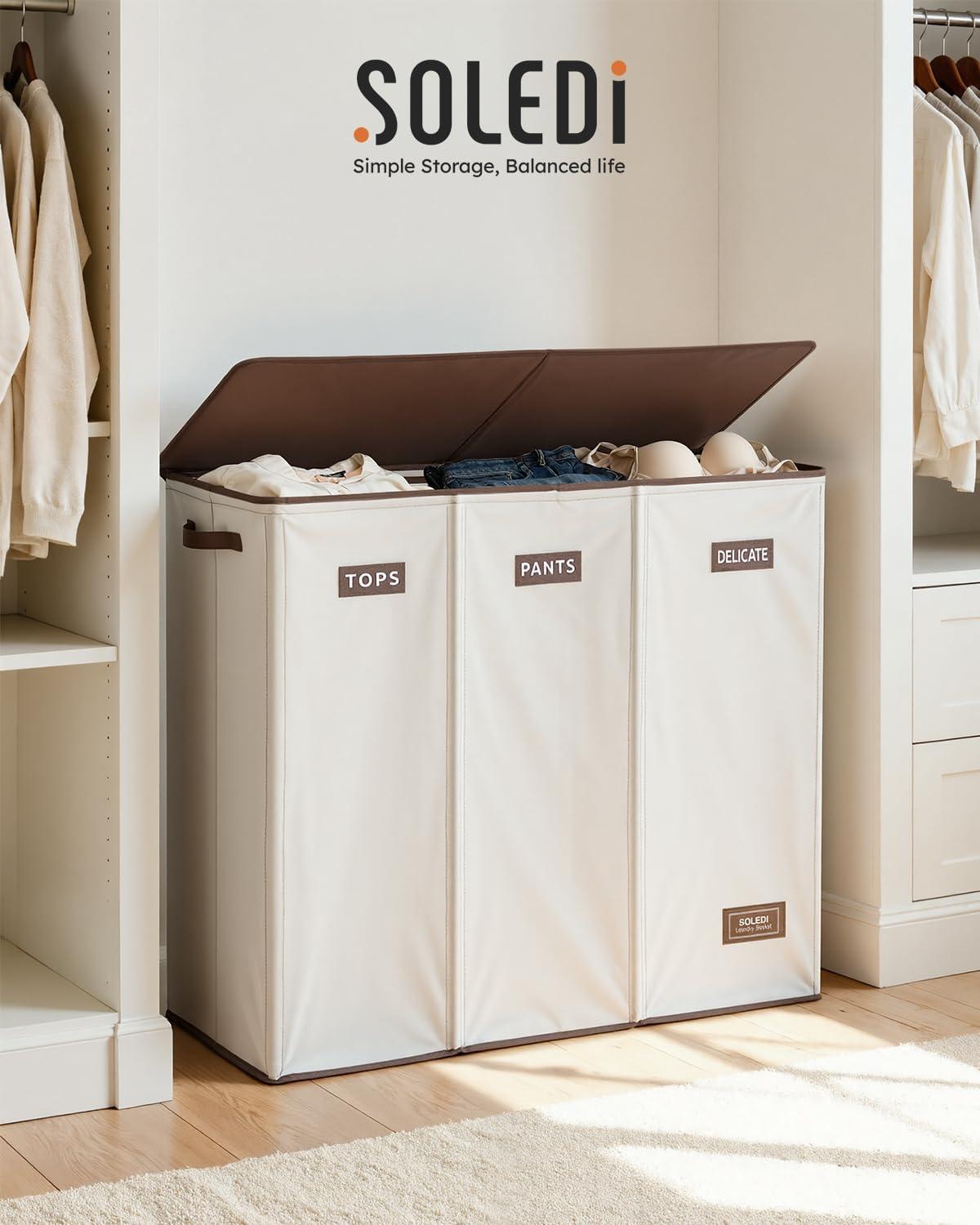imageSOLEDI 180L Laundry Hamper 3 Section Extra Large Laundry Hamper with Lid Dirty Clothes Hamper with Sturdy Handle Large Laundry Basket Organizer for Laundry Room Bedroom Hampers for LaundryOffwhite