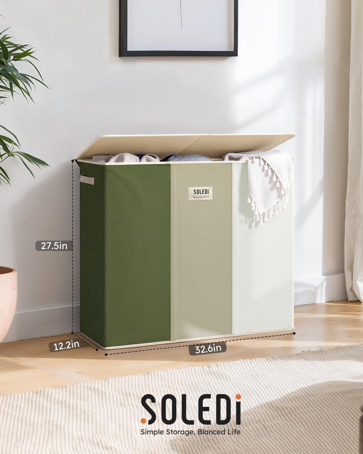 imageSOLEDI 180L Laundry Hamper 3 Section Extra Large Laundry Hamper with Lid Dirty Clothes Hamper with Sturdy Handle Large Laundry Basket Organizer for Laundry Room Bedroom Hampers for LaundryGreenGreyWhite