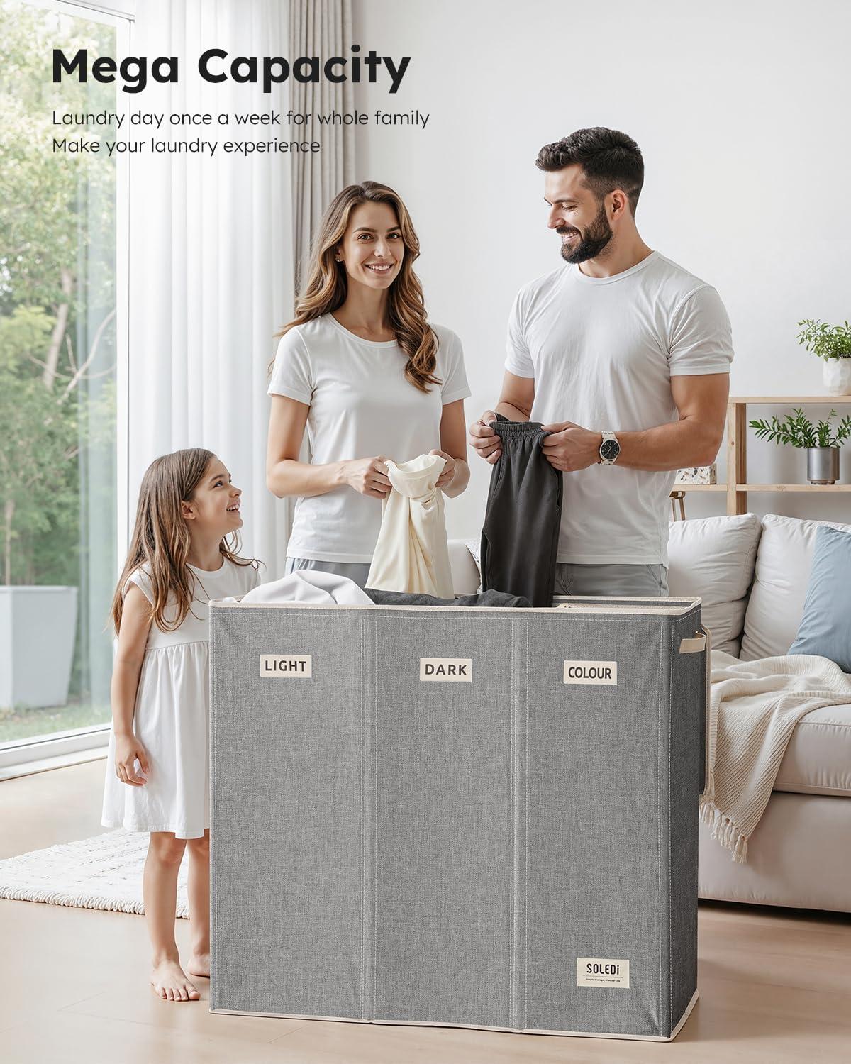imageSOLEDI 180L Laundry Hamper 3 Section Extra Large Laundry Hamper with Lid Dirty Clothes Hamper with Sturdy Handle Large Laundry Basket Organizer for Laundry Room Bedroom Hampers for LaundryGrey