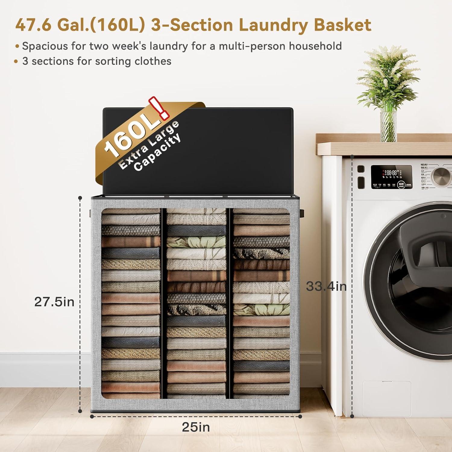 imageSOLEDI 180L Laundry Hamper 3 Section Extra Large Laundry Hamper with Lid Dirty Clothes Hamper with Sturdy Handle Large Laundry Basket Organizer for Laundry Room Bedroom Hampers for LaundryGrey