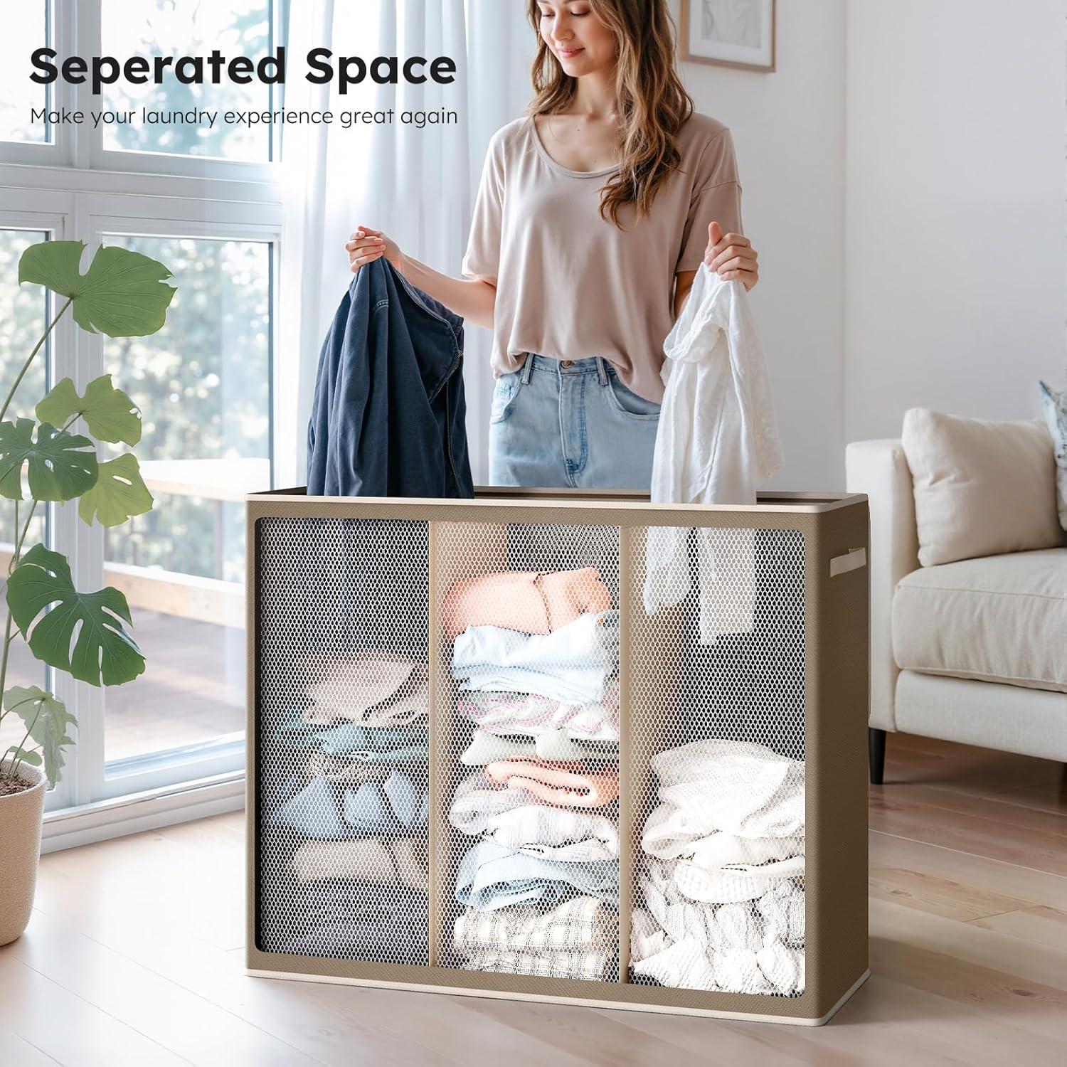imageSOLEDI 180L Laundry Hamper 3 Section Extra Large Laundry Hamper with Lid Dirty Clothes Hamper with Sturdy Handle Large Laundry Basket Organizer for Laundry Room Bedroom Hampers for LaundryChocolate Brown