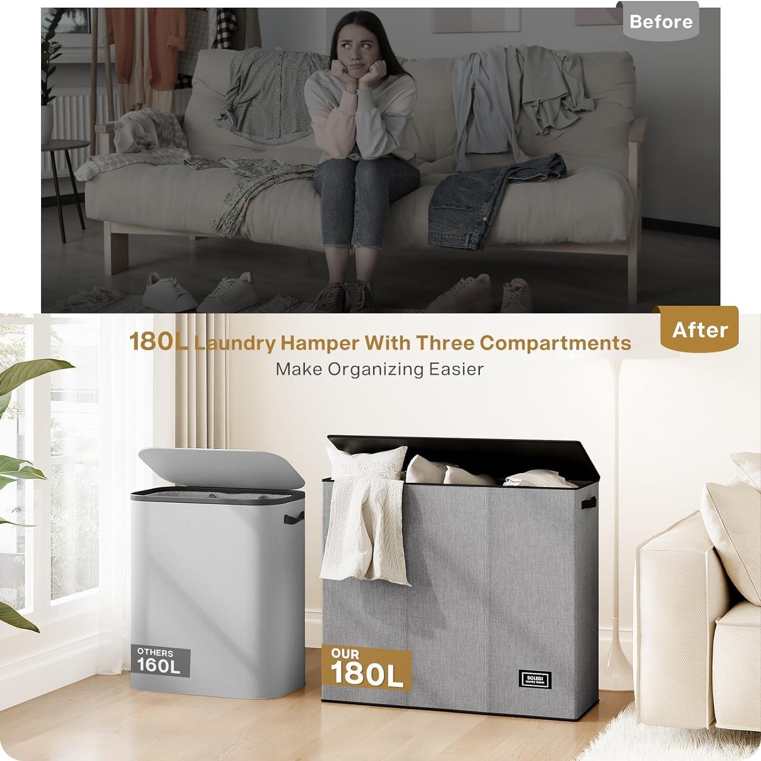 imageSOLEDI 180L Laundry Hamper 3 Section Extra Large Laundry Hamper with Lid Dirty Clothes Hamper with Sturdy Handle Large Laundry Basket Organizer for Laundry Room Bedroom Hampers for LaundryGrey