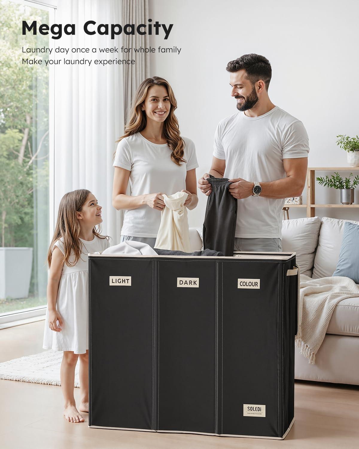 imageSOLEDI 180L Laundry Hamper 3 Section Extra Large Laundry Hamper with Lid Dirty Clothes Hamper with Sturdy Handle Large Laundry Basket Organizer for Laundry Room Bedroom Hampers for LaundryBlack