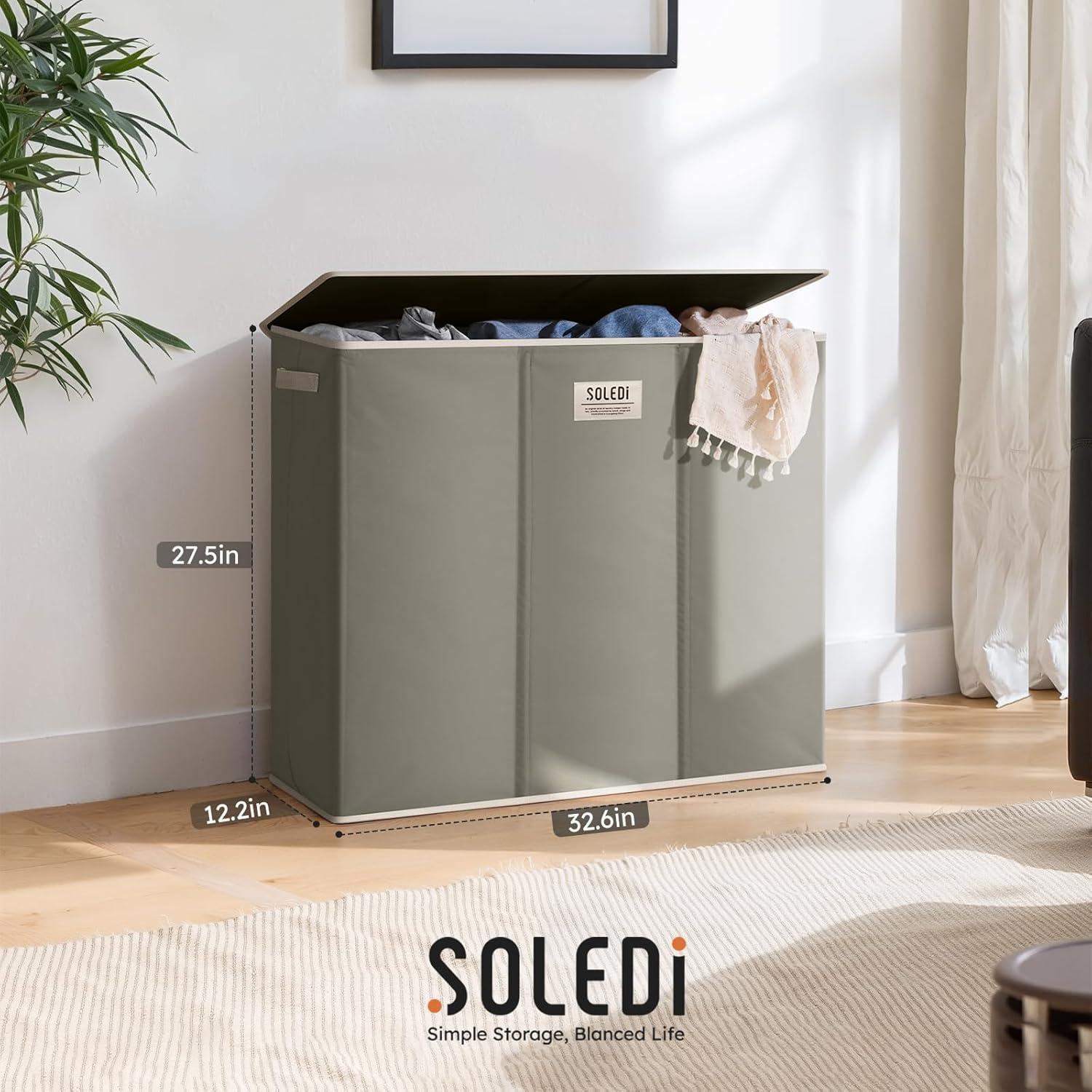 imageSOLEDI 180L Laundry Hamper 3 Section Extra Large Laundry Hamper with Lid Dirty Clothes Hamper with Sturdy Handle Large Laundry Basket Organizer for Laundry Room Bedroom Hampers for LaundryConcrete Gray