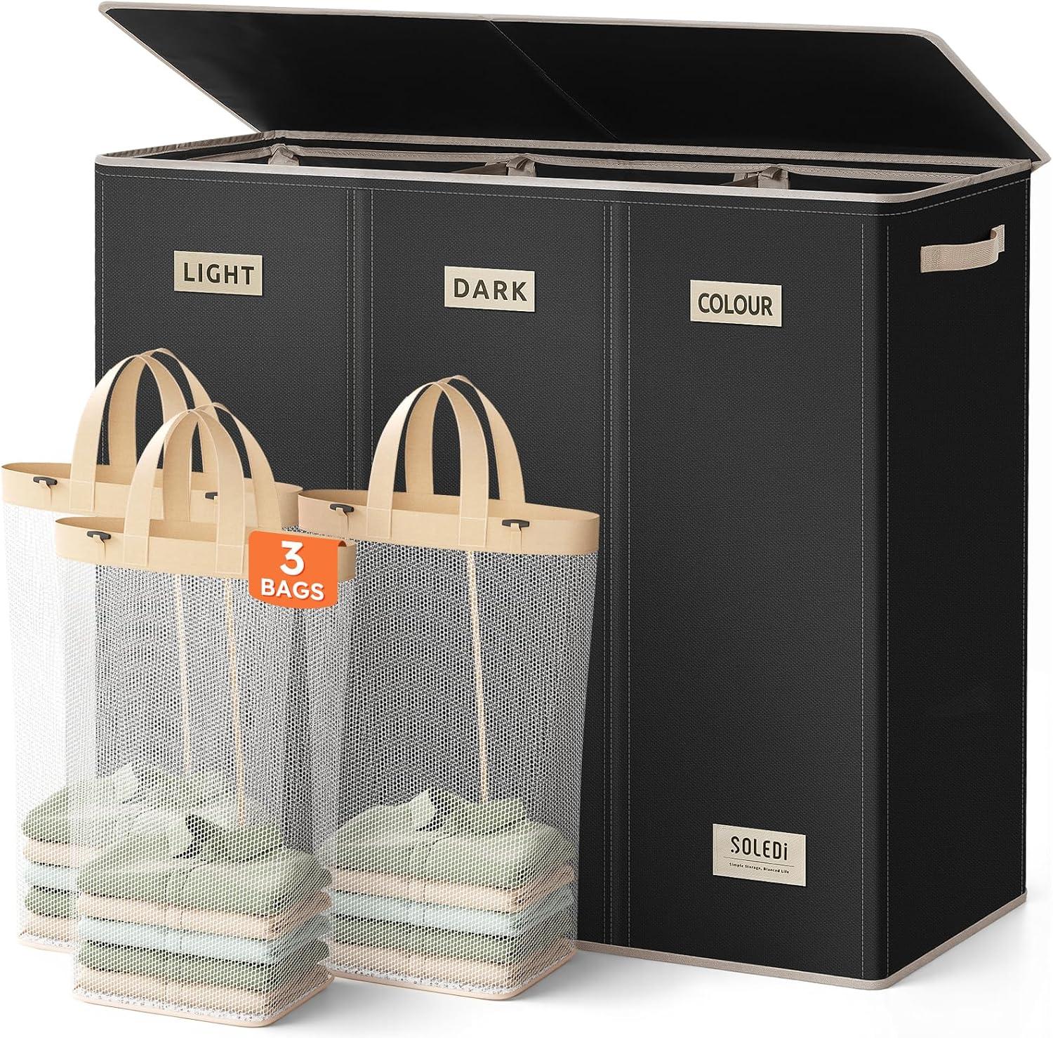 imageSOLEDI 180L Laundry Hamper 3 Section Extra Large Laundry Hamper with Lid Dirty Clothes Hamper with Sturdy Handle Large Laundry Basket Organizer for Laundry Room Bedroom Hampers for LaundryBlack