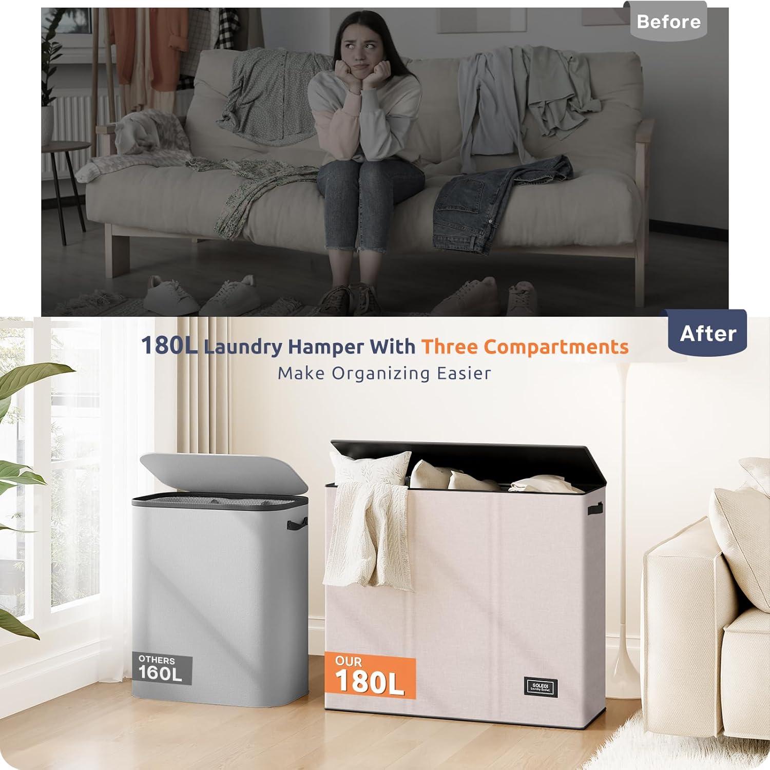 imageSOLEDI 180L Laundry Hamper 3 Section Extra Large Laundry Hamper with Lid Dirty Clothes Hamper with Sturdy Handle Large Laundry Basket Organizer for Laundry Room Bedroom Hampers for LaundryBeige