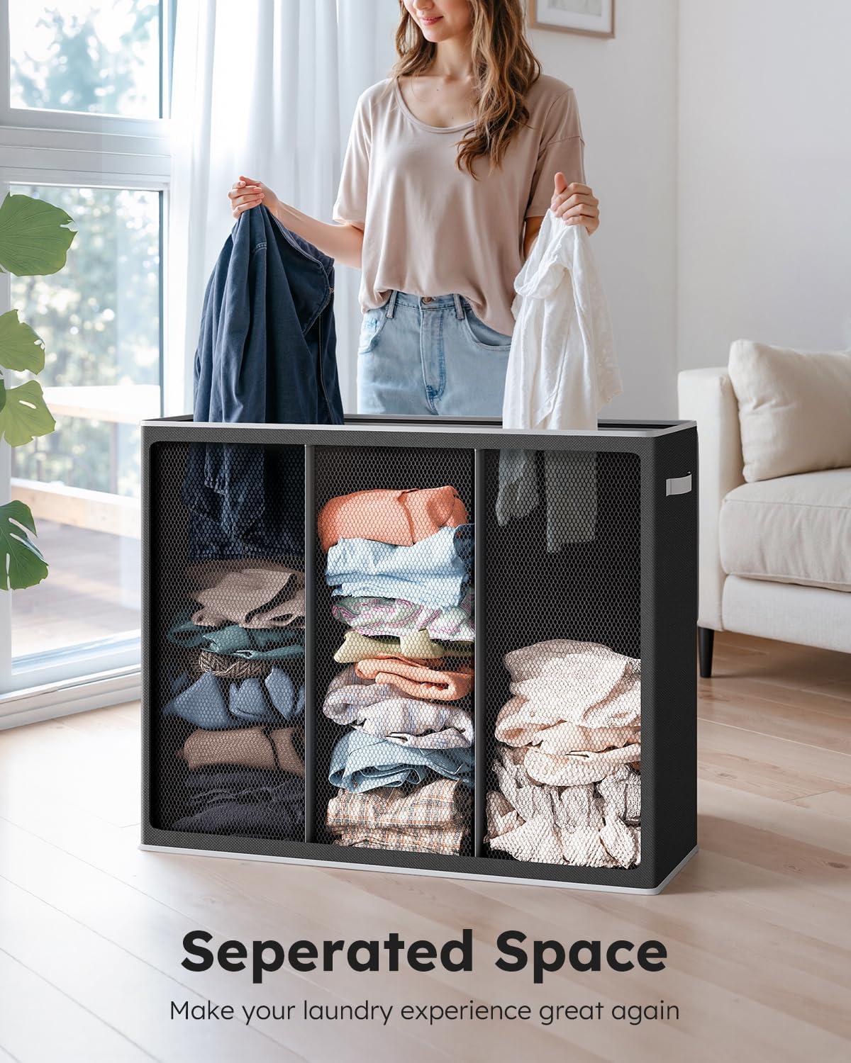 imageSOLEDI 180L Laundry Hamper 3 Section Extra Large Laundry Hamper with Lid Dirty Clothes Hamper with Sturdy Handle Large Laundry Basket Organizer for Laundry Room Bedroom Hampers for LaundryBlack