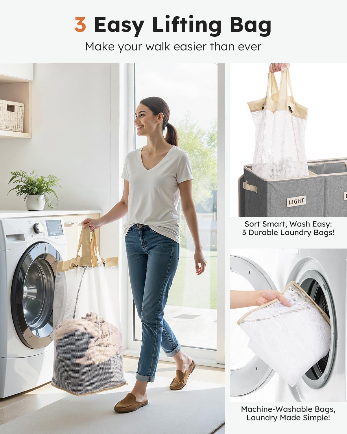 imageSOLEDI 180L Laundry Hamper 3 Section Extra Large Laundry Hamper with Lid Dirty Clothes Hamper with Sturdy Handle Large Laundry Basket Organizer for Laundry Room Bedroom Hampers for LaundryGrey