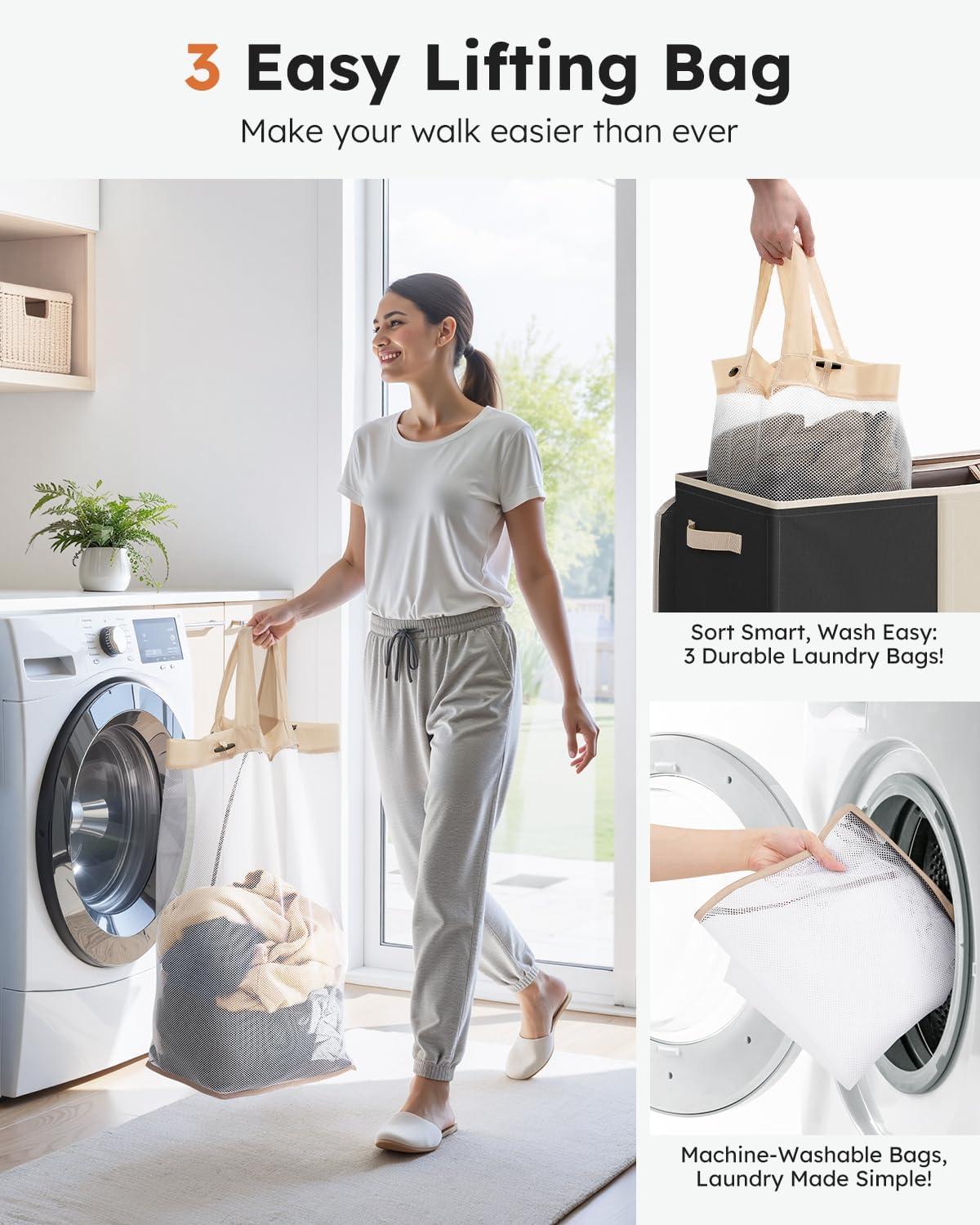 imageSOLEDI 180L Laundry Hamper 3 Section Extra Large Laundry Hamper with Lid Dirty Clothes Hamper with Sturdy Handle Large Laundry Basket Organizer for Laundry Room Bedroom Hampers for LaundryBlackWhiteMoon Grey