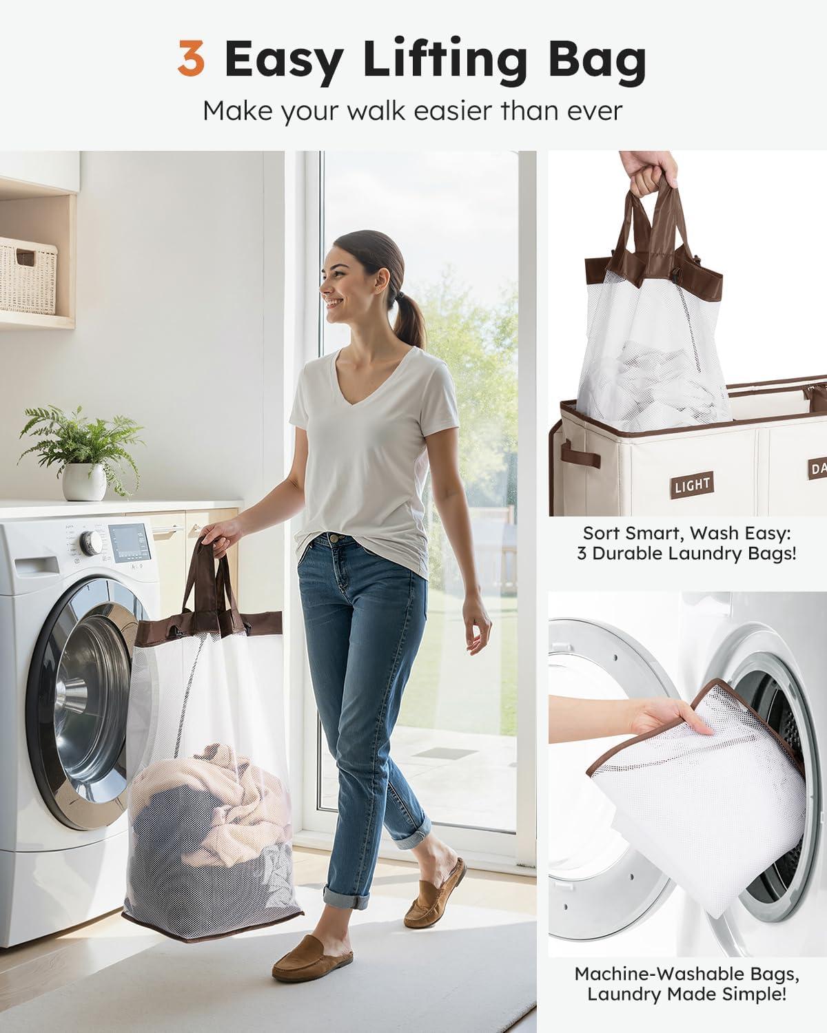 imageSOLEDI 180L Laundry Hamper 3 Section Extra Large Laundry Hamper with Lid Dirty Clothes Hamper with Sturdy Handle Large Laundry Basket Organizer for Laundry Room Bedroom Hampers for LaundryOffwhite
