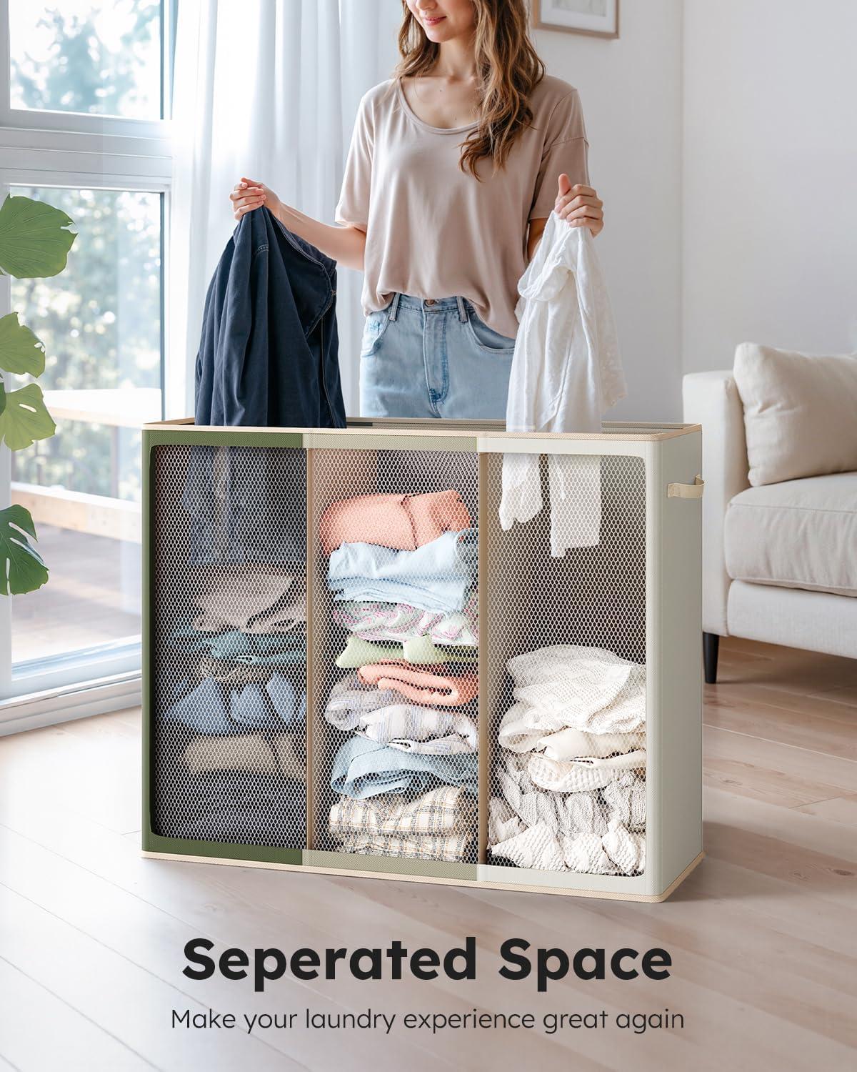 imageSOLEDI 180L Laundry Hamper 3 Section Extra Large Laundry Hamper with Lid Dirty Clothes Hamper with Sturdy Handle Large Laundry Basket Organizer for Laundry Room Bedroom Hampers for LaundryGreenGreyWhite