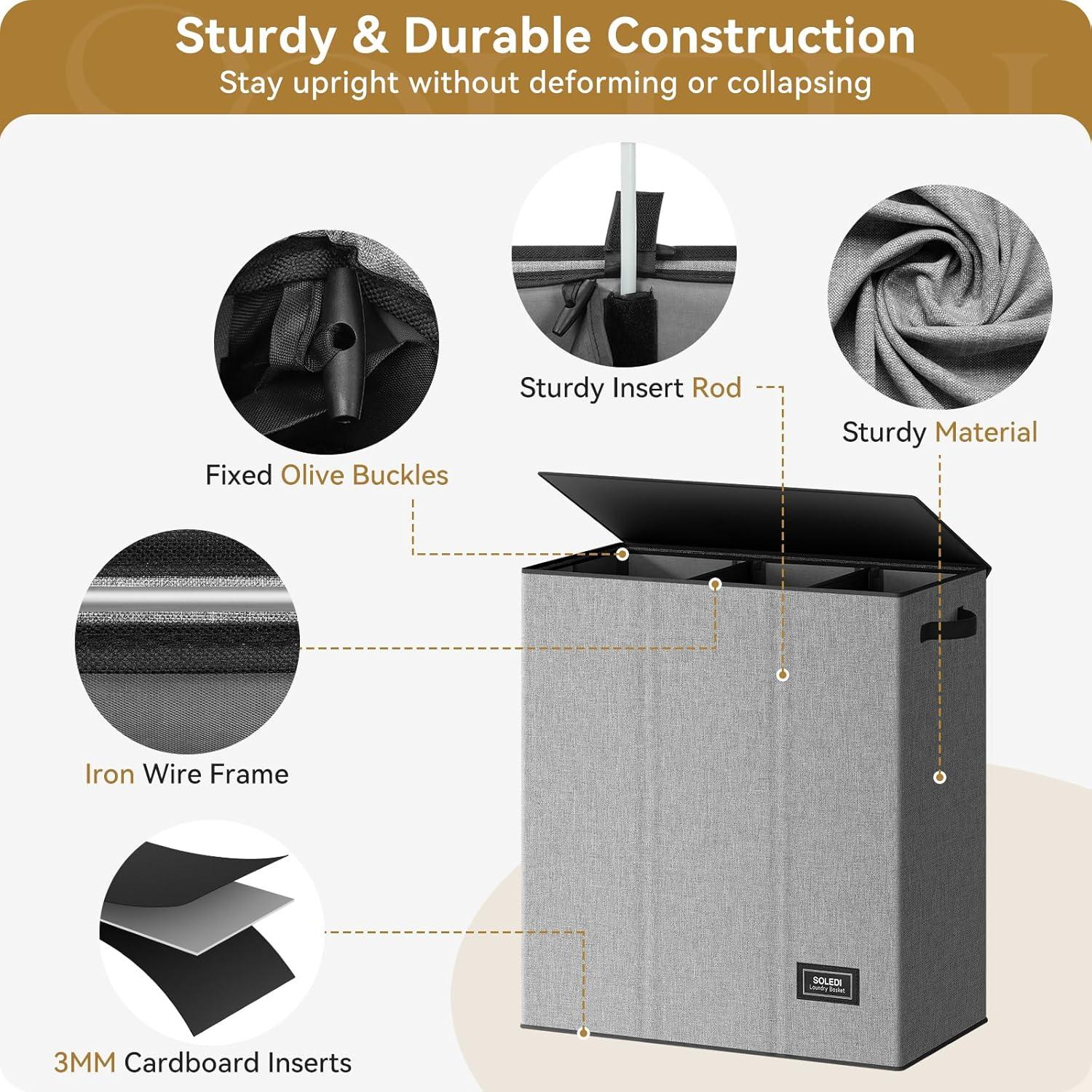 imageSOLEDI 180L Laundry Hamper 3 Section Extra Large Laundry Hamper with Lid Dirty Clothes Hamper with Sturdy Handle Large Laundry Basket Organizer for Laundry Room Bedroom Hampers for LaundryGrey