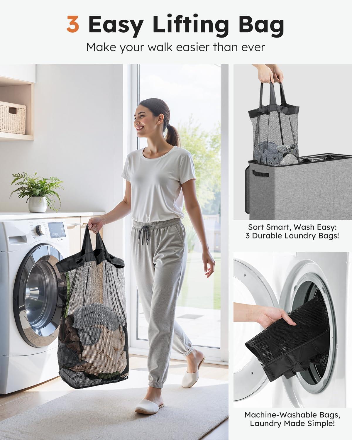 imageSOLEDI 180L Laundry Hamper 3 Section Extra Large Laundry Hamper with Lid Dirty Clothes Hamper with Sturdy Handle Large Laundry Basket Organizer for Laundry Room Bedroom Hampers for LaundryGrey
