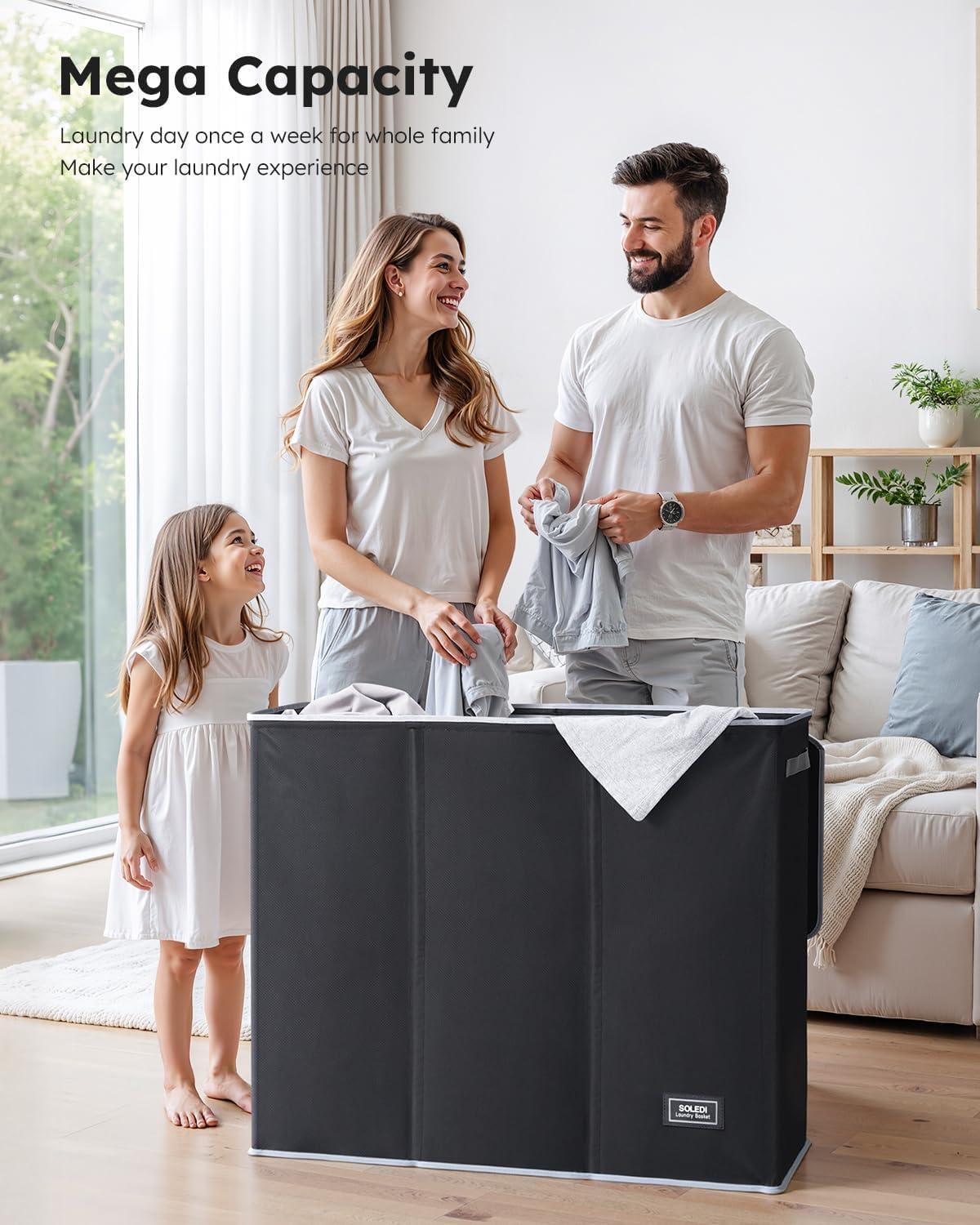 imageSOLEDI 180L Laundry Hamper 3 Section Extra Large Laundry Hamper with Lid Dirty Clothes Hamper with Sturdy Handle Large Laundry Basket Organizer for Laundry Room Bedroom Hampers for LaundryBlack
