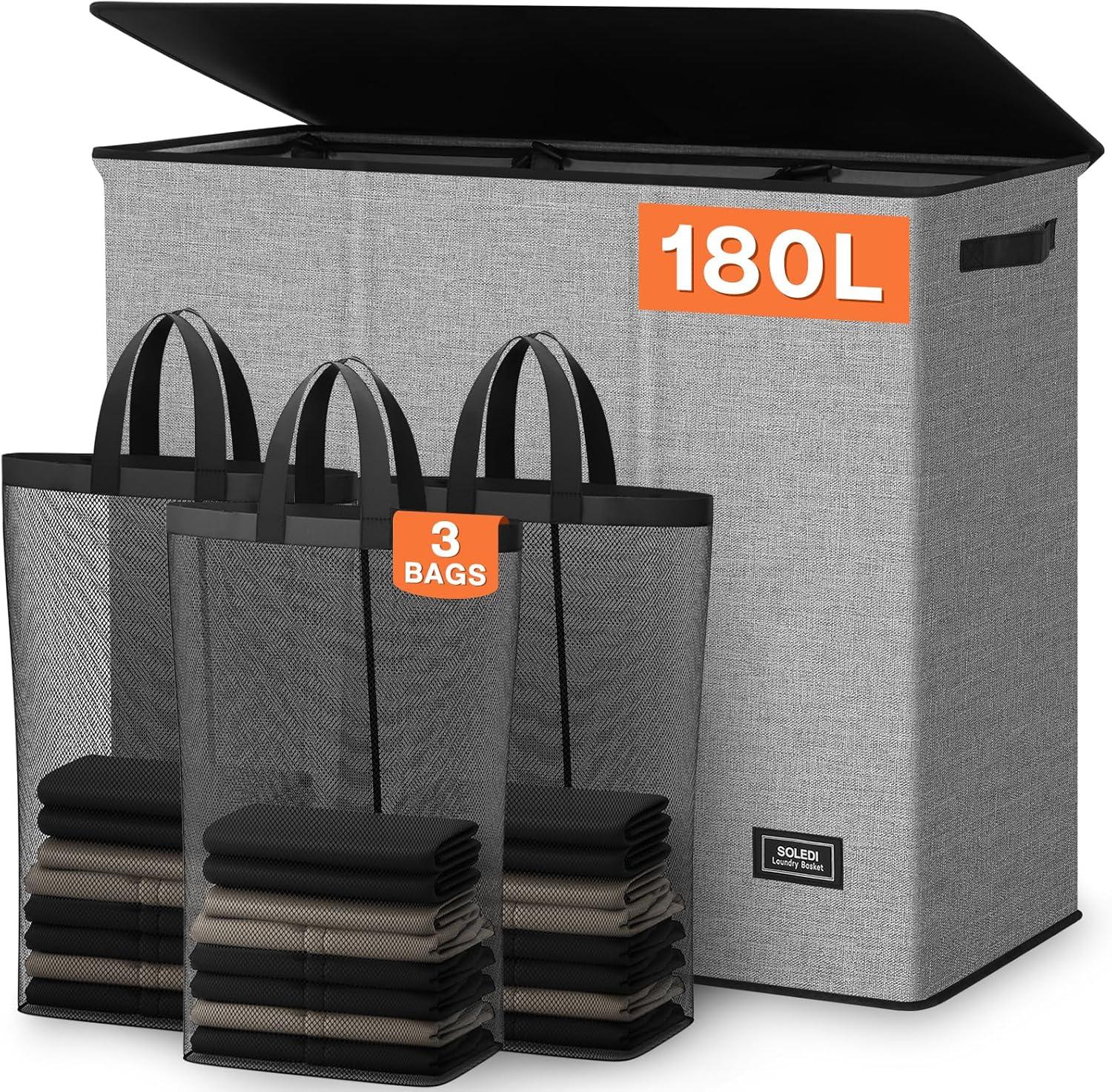 imageSOLEDI 180L Laundry Hamper 3 Section Extra Large Laundry Hamper with Lid Dirty Clothes Hamper with Sturdy Handle Large Laundry Basket Organizer for Laundry Room Bedroom Hampers for LaundryGrey