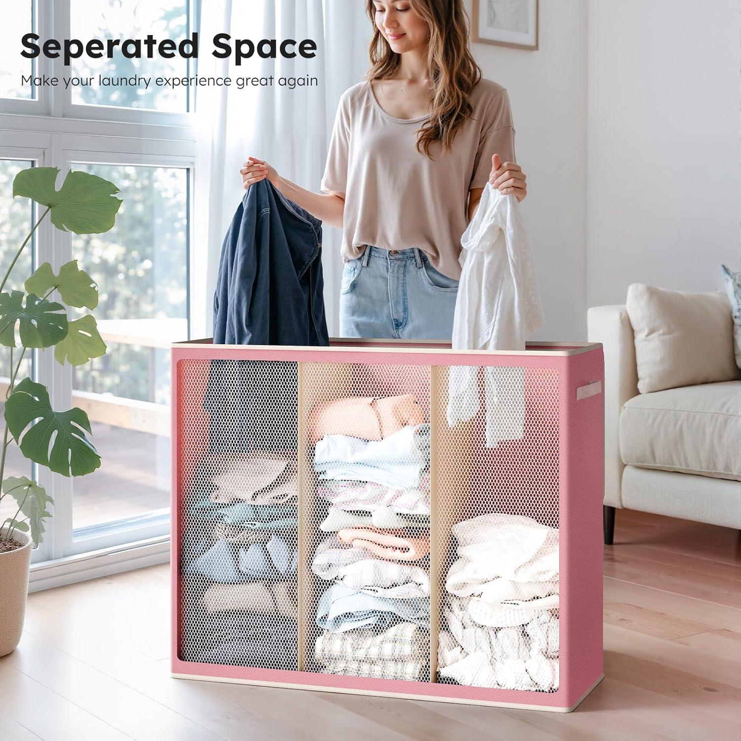 imageSOLEDI 180L Laundry Hamper 3 Section Extra Large Laundry Hamper with Lid Dirty Clothes Hamper with Sturdy Handle Large Laundry Basket Organizer for Laundry Room Bedroom Hampers for LaundryStrawberry Milkshake Pink