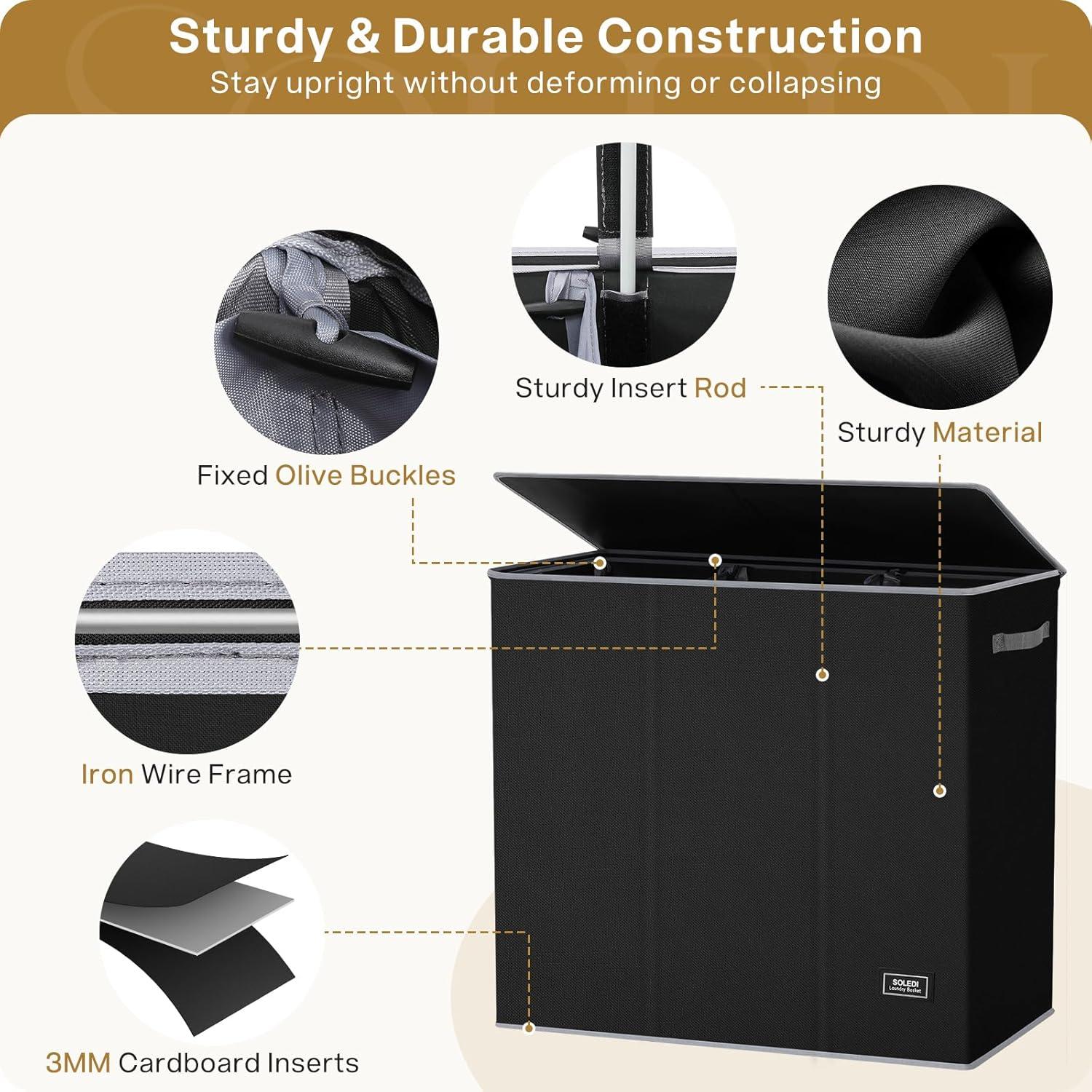 imageSOLEDI 180L Laundry Hamper 3 Section Extra Large Laundry Hamper with Lid Dirty Clothes Hamper with Sturdy Handle Large Laundry Basket Organizer for Laundry Room Bedroom Hampers for LaundryBlack