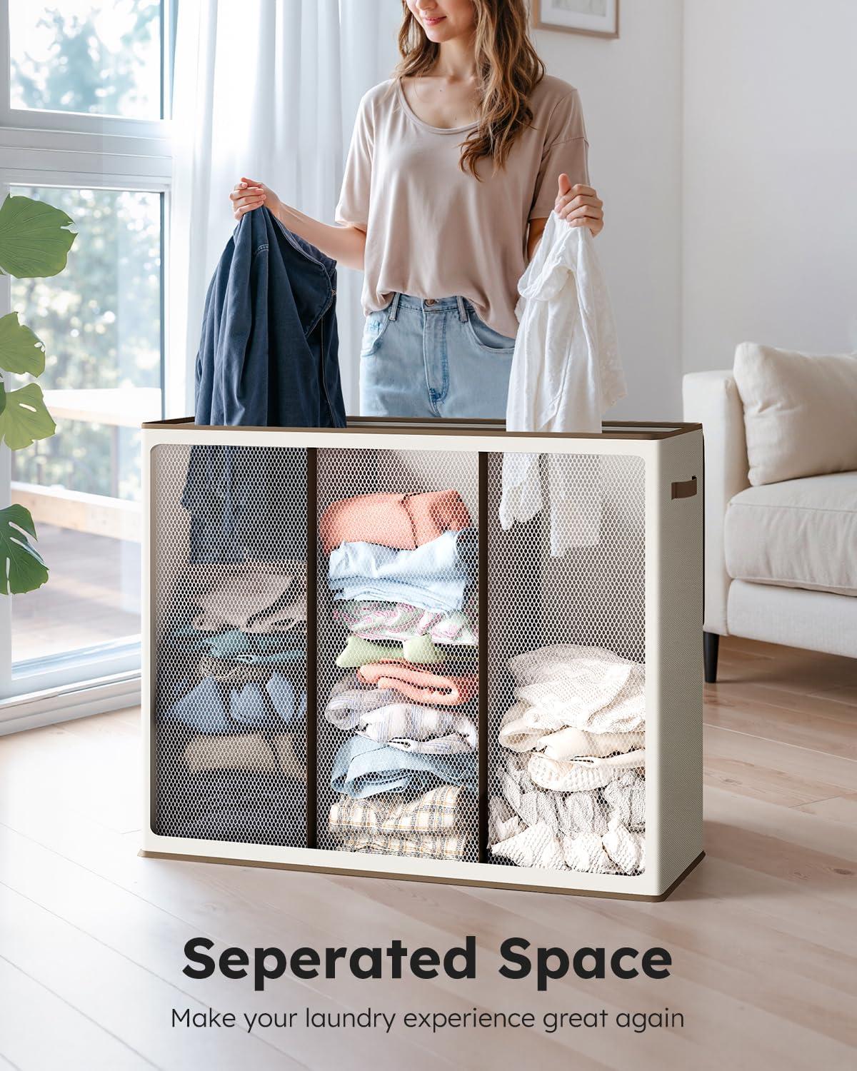 imageSOLEDI 180L Laundry Hamper 3 Section Extra Large Laundry Hamper with Lid Dirty Clothes Hamper with Sturdy Handle Large Laundry Basket Organizer for Laundry Room Bedroom Hampers for LaundryOffwhite