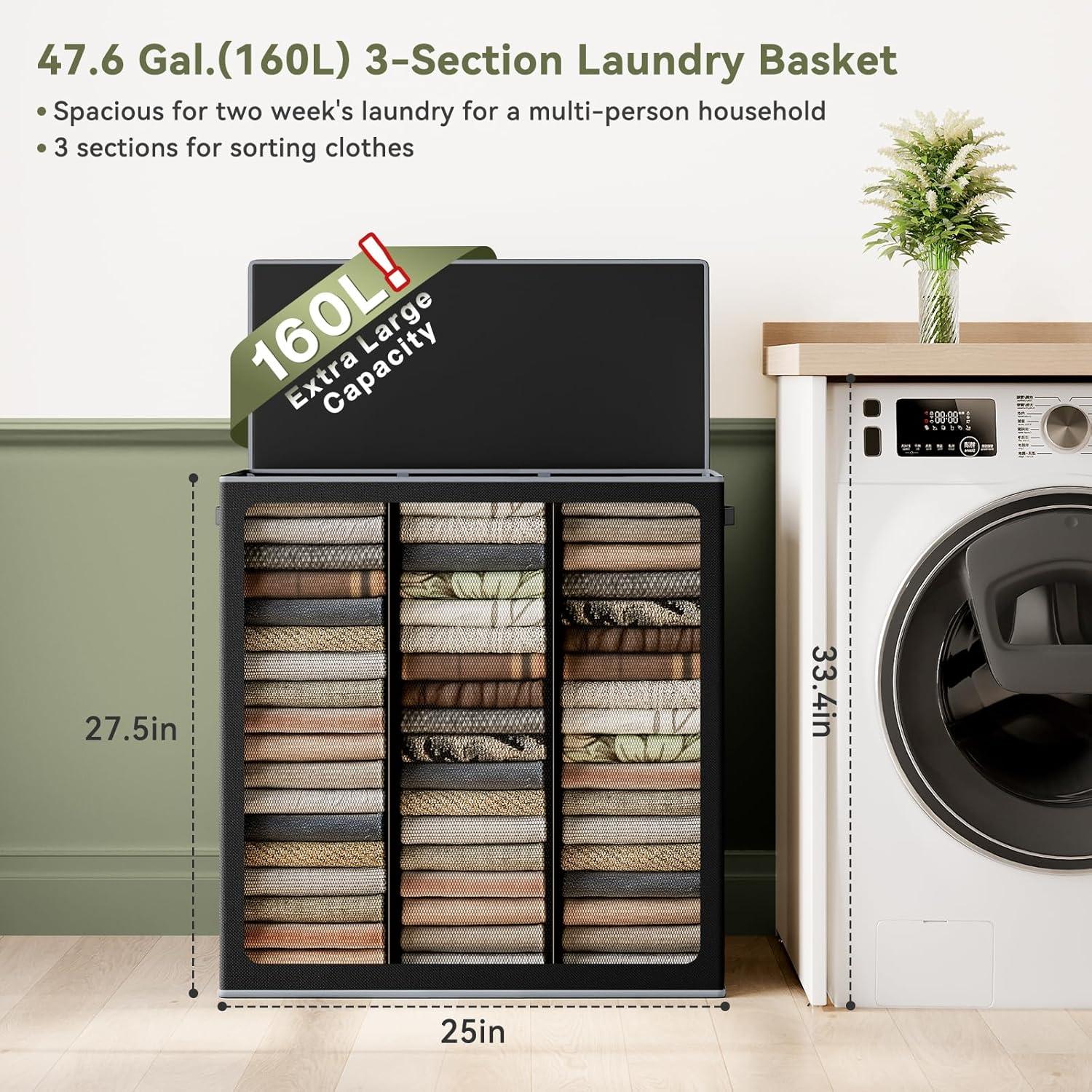 imageSOLEDI 180L Laundry Hamper 3 Section Extra Large Laundry Hamper with Lid Dirty Clothes Hamper with Sturdy Handle Large Laundry Basket Organizer for Laundry Room Bedroom Hampers for LaundryBlack