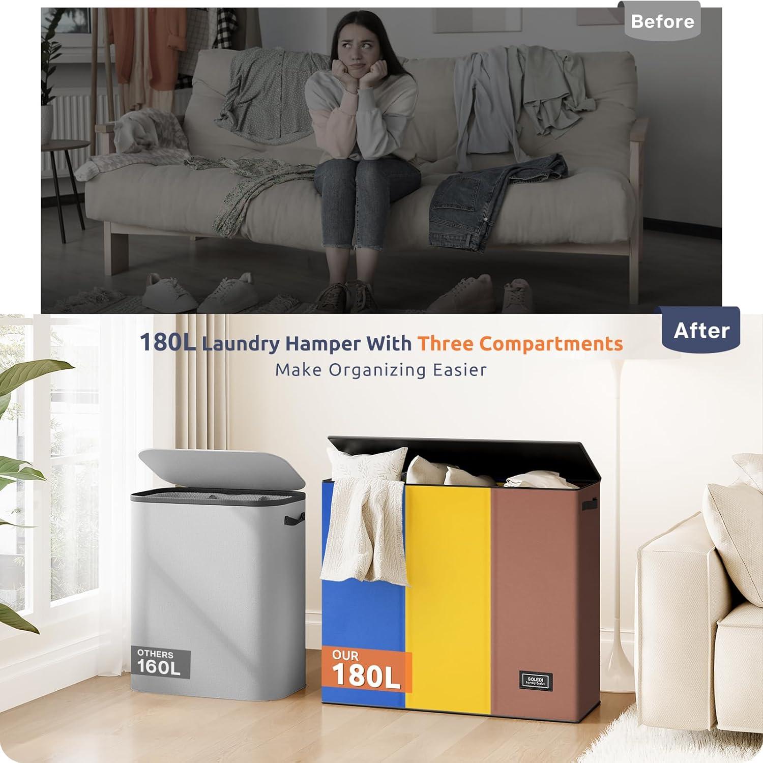 imageSOLEDI 180L Laundry Hamper 3 Section Extra Large Laundry Hamper with Lid Dirty Clothes Hamper with Sturdy Handle Large Laundry Basket Organizer for Laundry Room Bedroom Hampers for LaundryBlueYellowBrown