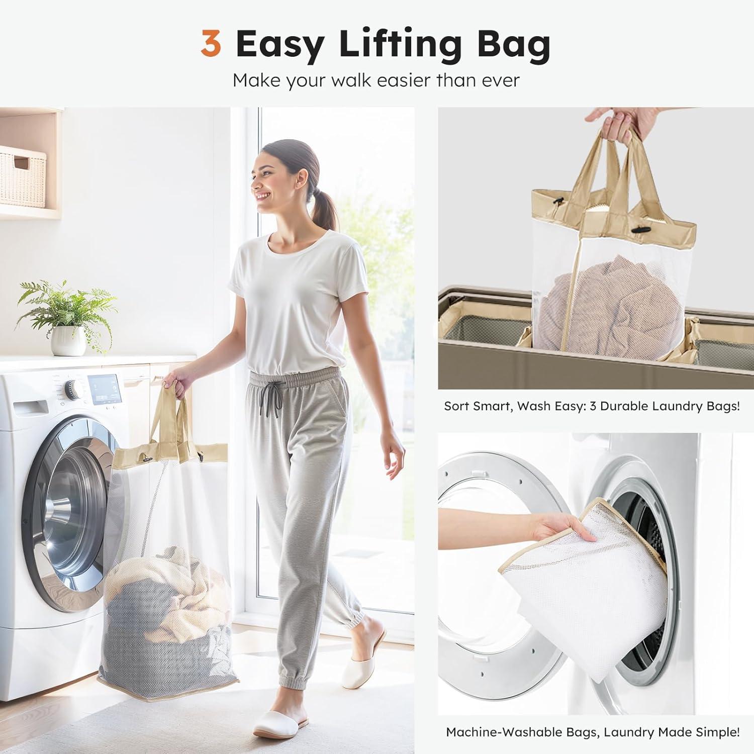 imageSOLEDI 180L Laundry Hamper 3 Section Extra Large Laundry Hamper with Lid Dirty Clothes Hamper with Sturdy Handle Large Laundry Basket Organizer for Laundry Room Bedroom Hampers for LaundryConcrete Gray