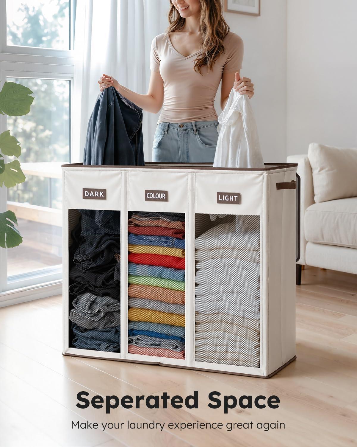 imageSOLEDI 180L Laundry Hamper 3 Section Extra Large Laundry Hamper with Lid Dirty Clothes Hamper with Sturdy Handle Large Laundry Basket Organizer for Laundry Room Bedroom Hampers for LaundryOffwhite