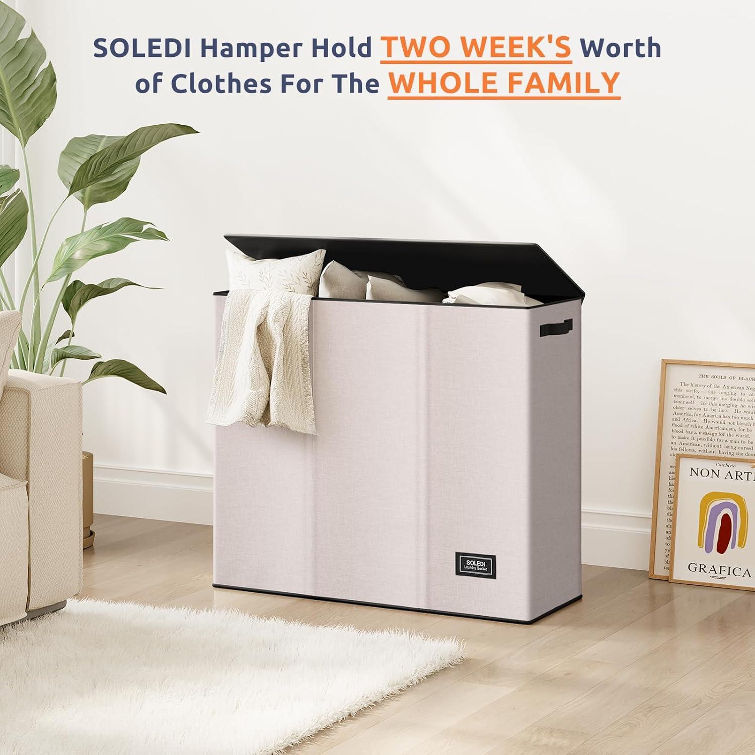 imageSOLEDI 180L Laundry Hamper 3 Section Extra Large Laundry Hamper with Lid Dirty Clothes Hamper with Sturdy Handle Large Laundry Basket Organizer for Laundry Room Bedroom Hampers for LaundryBeige
