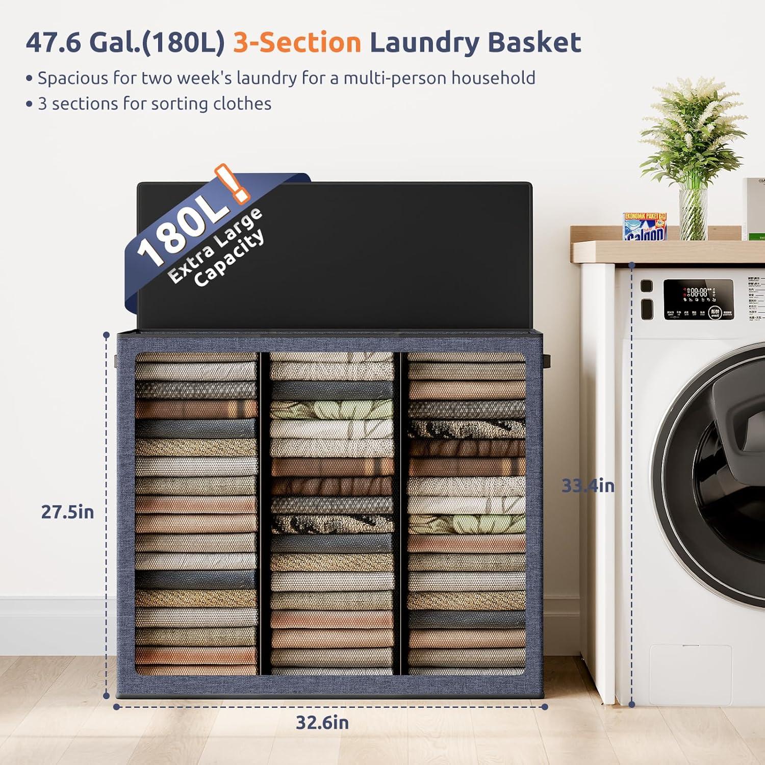 imageSOLEDI 180L Laundry Hamper 3 Section Extra Large Laundry Hamper with Lid Dirty Clothes Hamper with Sturdy Handle Large Laundry Basket Organizer for Laundry Room Bedroom Hampers for LaundryNavy blue