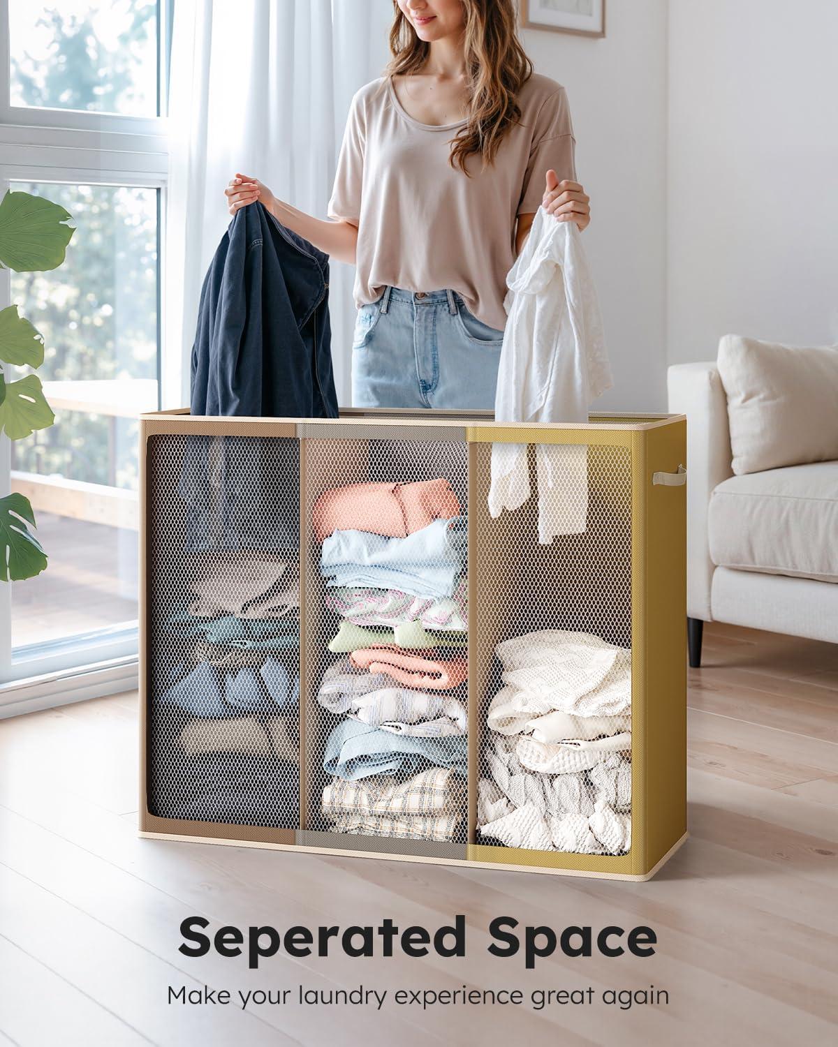 imageSOLEDI 180L Laundry Hamper 3 Section Extra Large Laundry Hamper with Lid Dirty Clothes Hamper with Sturdy Handle Large Laundry Basket Organizer for Laundry Room Bedroom Hampers for LaundryBrownGreyYellow