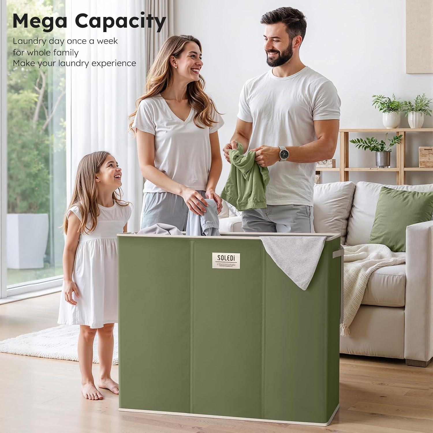 imageSOLEDI 180L Laundry Hamper 3 Section Extra Large Laundry Hamper with Lid Dirty Clothes Hamper with Sturdy Handle Large Laundry Basket Organizer for Laundry Room Bedroom Hampers for LaundryAvocado Green
