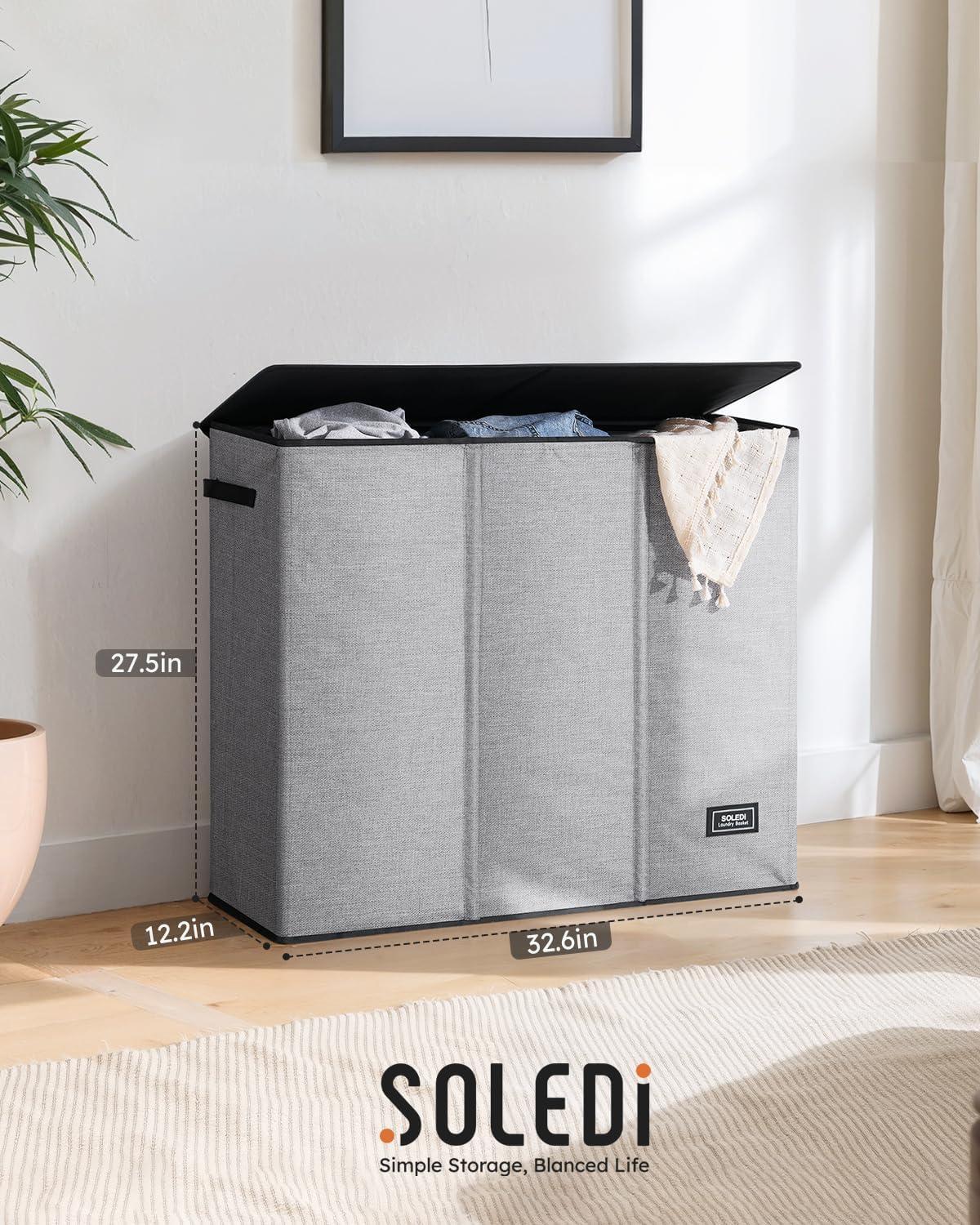 imageSOLEDI 180L Laundry Hamper 3 Section Extra Large Laundry Hamper with Lid Dirty Clothes Hamper with Sturdy Handle Large Laundry Basket Organizer for Laundry Room Bedroom Hampers for LaundryGrey
