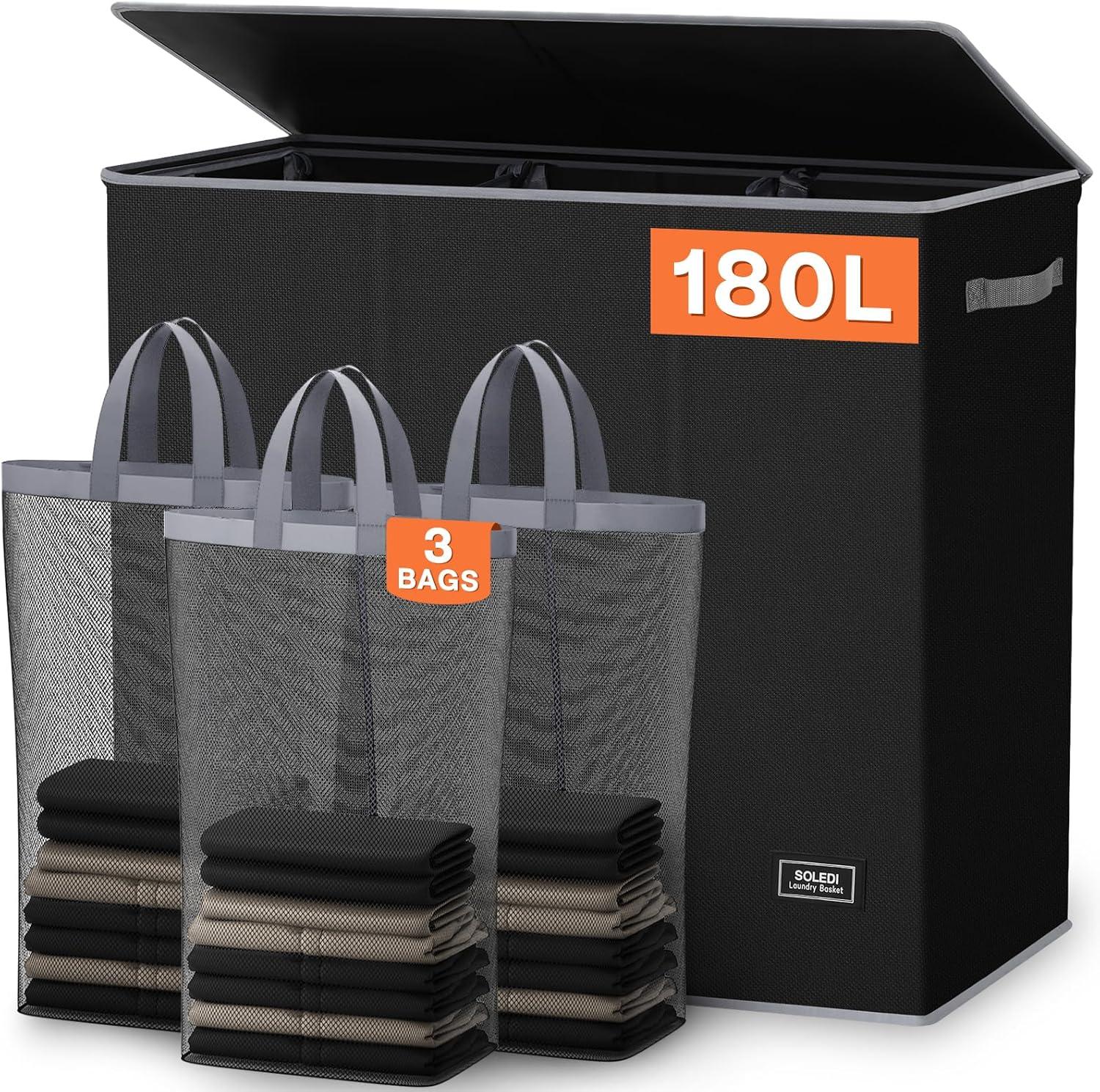 imageSOLEDI 180L Laundry Hamper 3 Section Extra Large Laundry Hamper with Lid Dirty Clothes Hamper with Sturdy Handle Large Laundry Basket Organizer for Laundry Room Bedroom Hampers for LaundryBlack