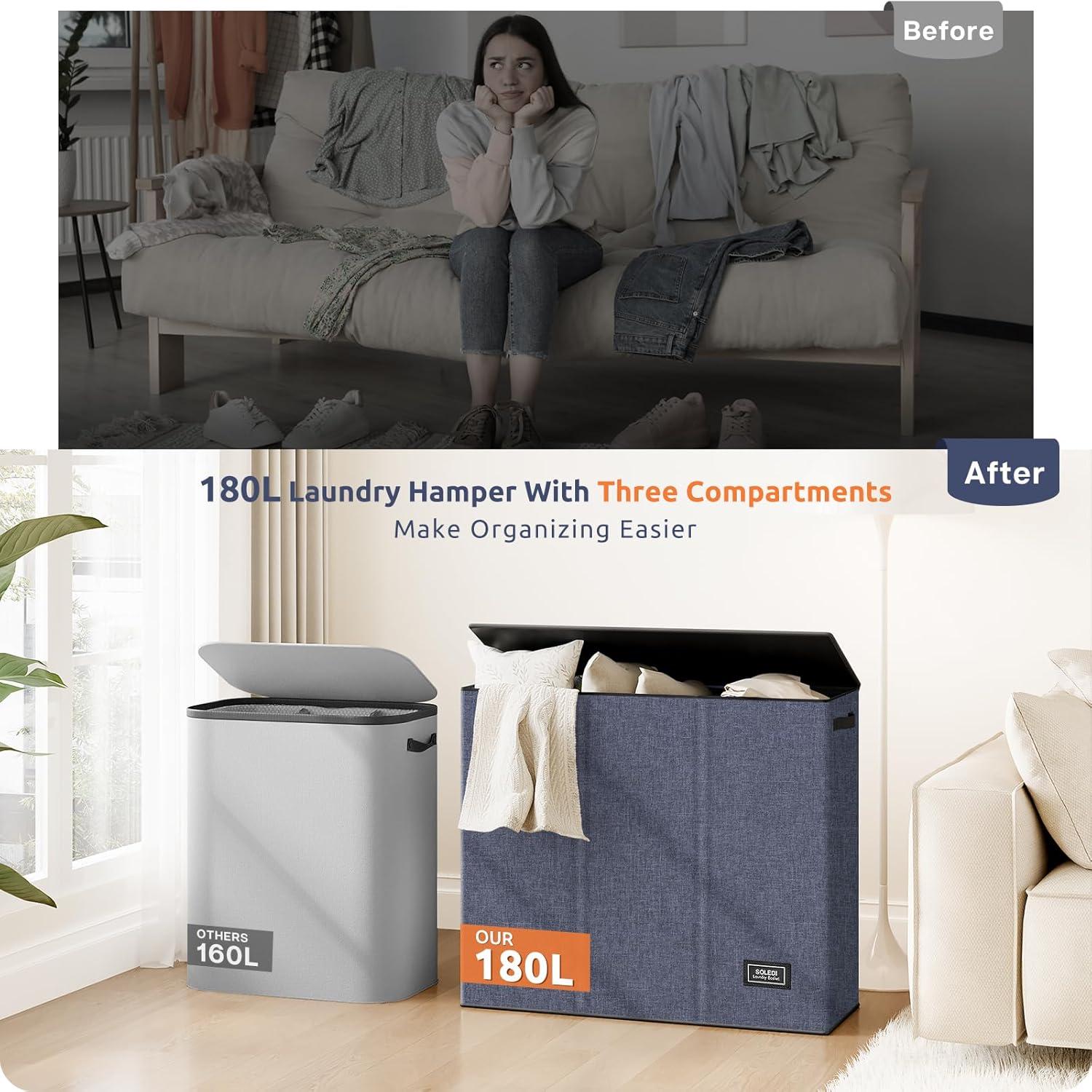 imageSOLEDI 180L Laundry Hamper 3 Section Extra Large Laundry Hamper with Lid Dirty Clothes Hamper with Sturdy Handle Large Laundry Basket Organizer for Laundry Room Bedroom Hampers for LaundryNavy blue