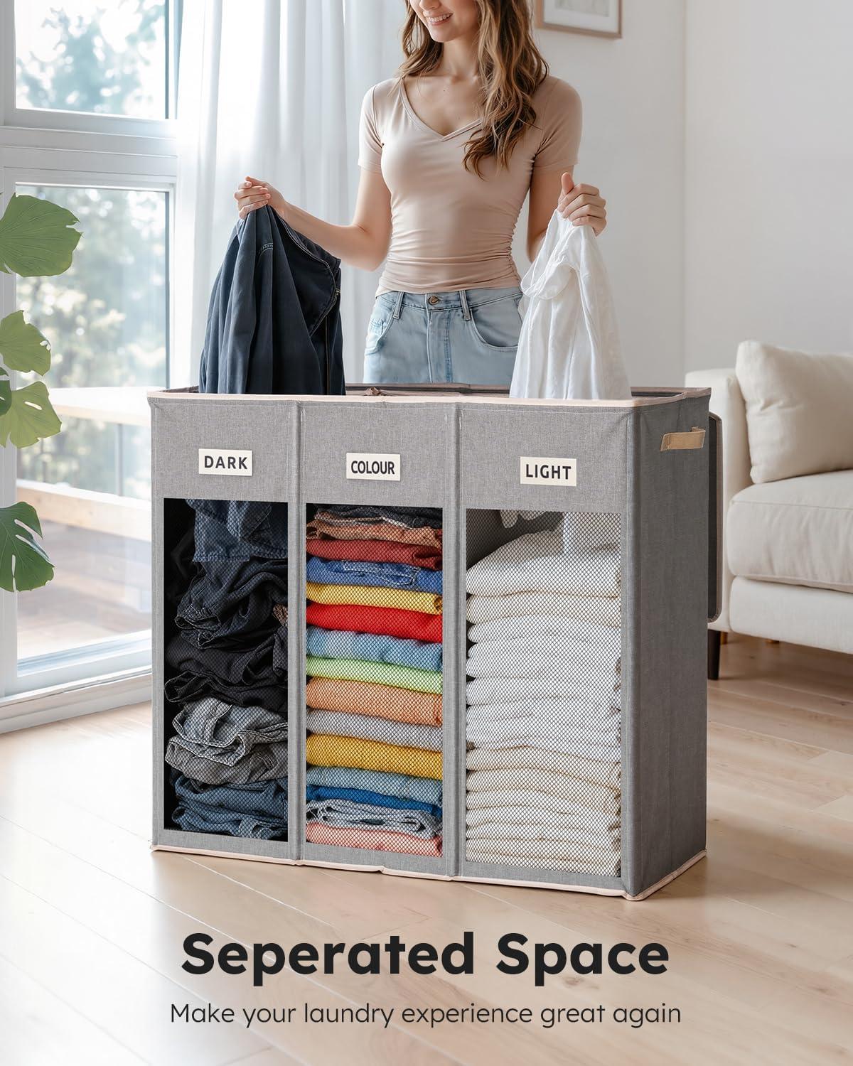 imageSOLEDI 180L Laundry Hamper 3 Section Extra Large Laundry Hamper with Lid Dirty Clothes Hamper with Sturdy Handle Large Laundry Basket Organizer for Laundry Room Bedroom Hampers for LaundryGrey