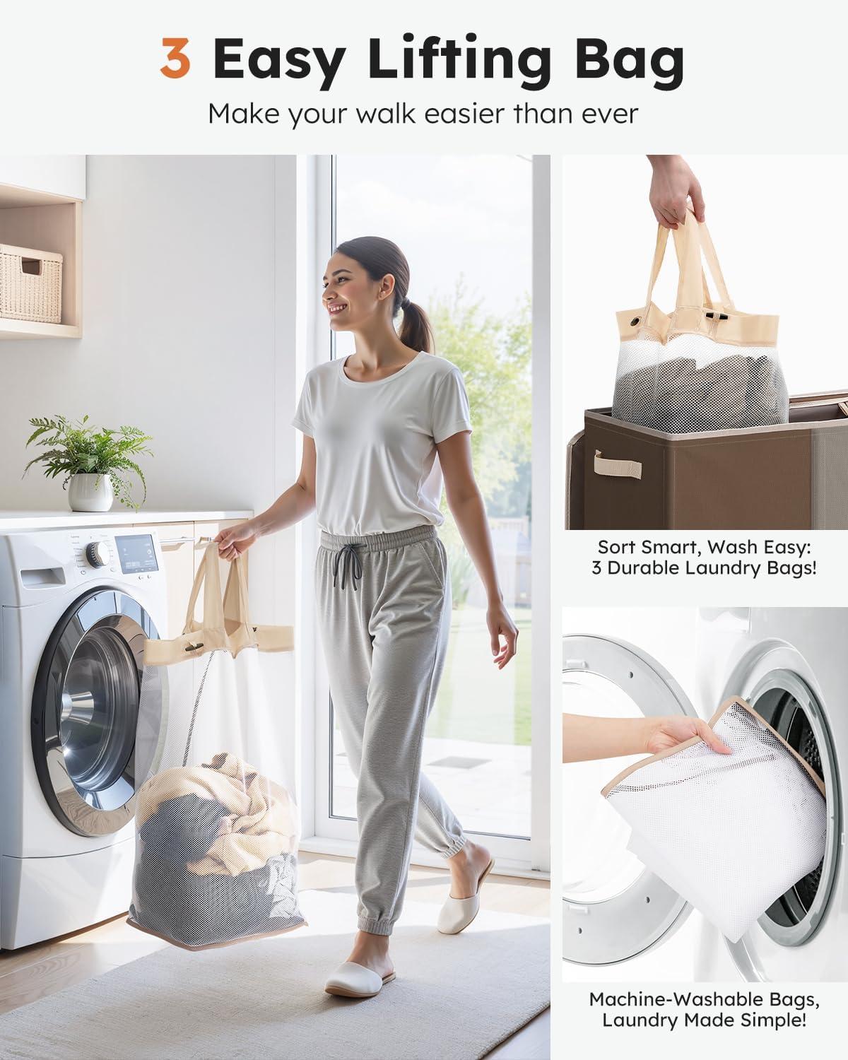imageSOLEDI 180L Laundry Hamper 3 Section Extra Large Laundry Hamper with Lid Dirty Clothes Hamper with Sturdy Handle Large Laundry Basket Organizer for Laundry Room Bedroom Hampers for LaundryBrownGreyYellow