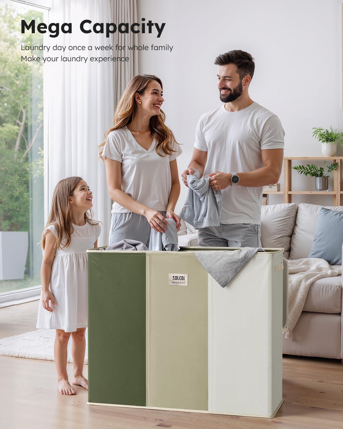 imageSOLEDI 180L Laundry Hamper 3 Section Extra Large Laundry Hamper with Lid Dirty Clothes Hamper with Sturdy Handle Large Laundry Basket Organizer for Laundry Room Bedroom Hampers for LaundryGreenGreyWhite