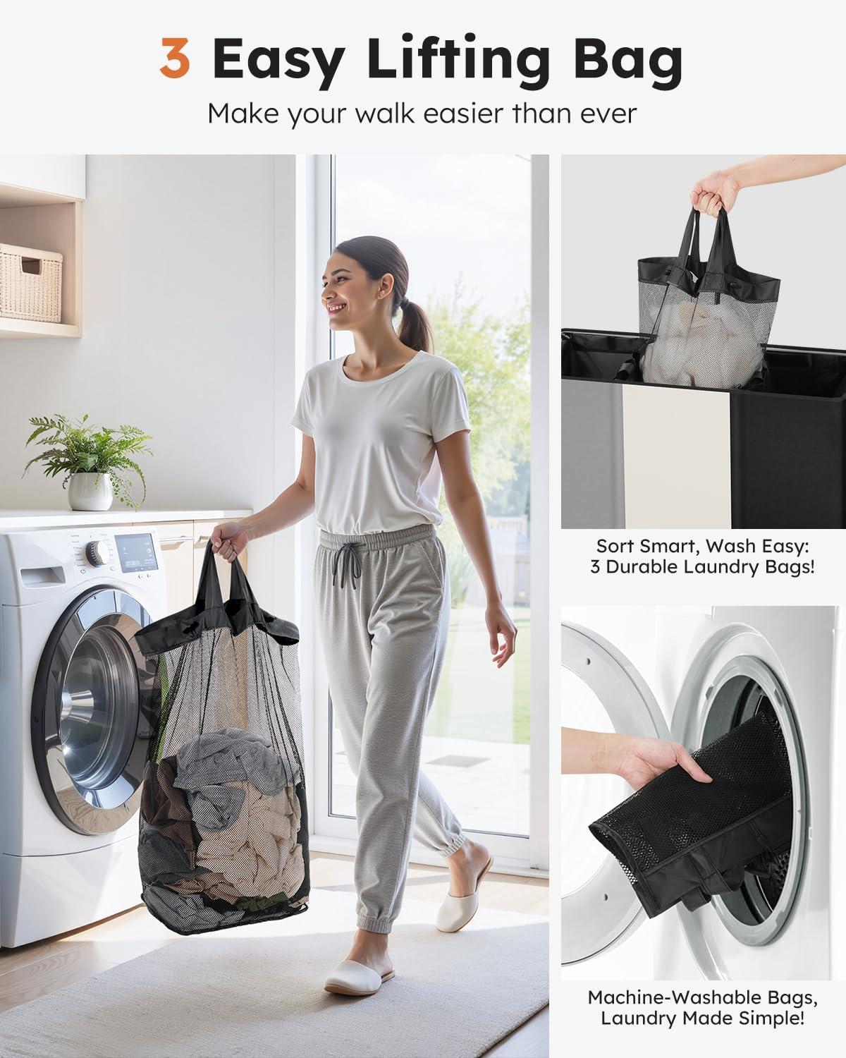 imageSOLEDI 180L Laundry Hamper 3 Section Extra Large Laundry Hamper with Lid Dirty Clothes Hamper with Sturdy Handle Large Laundry Basket Organizer for Laundry Room Bedroom Hampers for LaundryBlackWhiteGrey