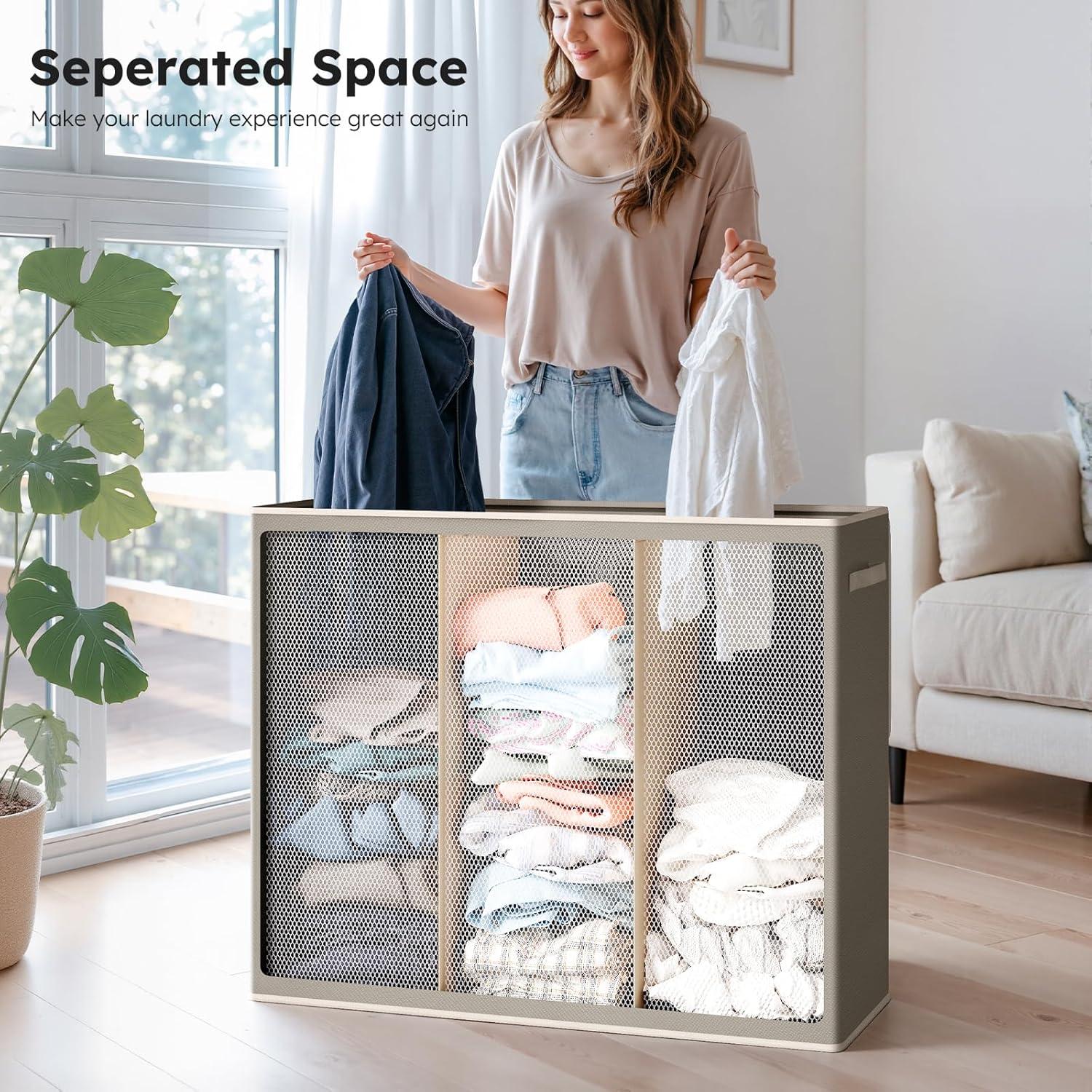 imageSOLEDI 180L Laundry Hamper 3 Section Extra Large Laundry Hamper with Lid Dirty Clothes Hamper with Sturdy Handle Large Laundry Basket Organizer for Laundry Room Bedroom Hampers for LaundryConcrete Gray