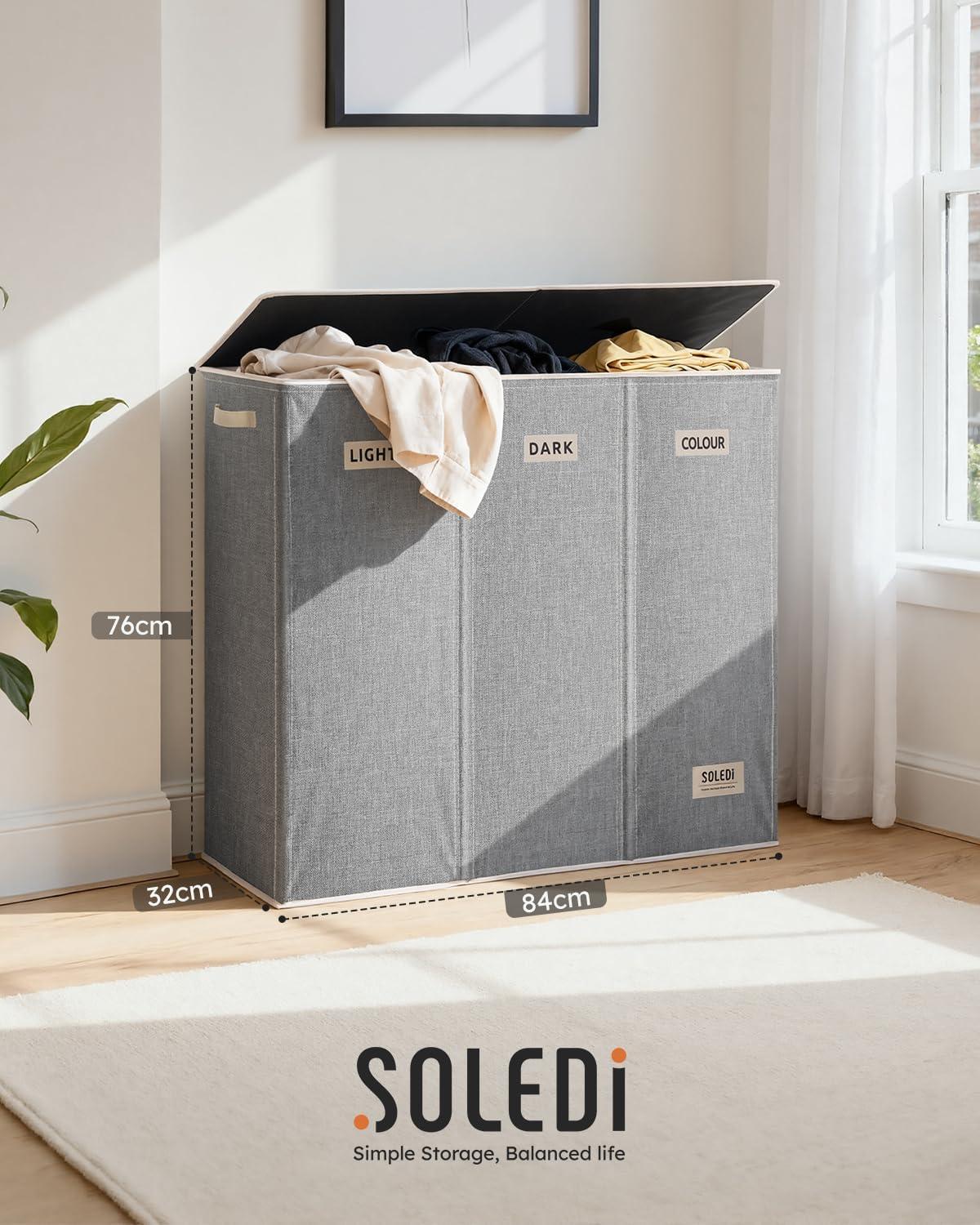 imageSOLEDI 180L Laundry Hamper 3 Section Extra Large Laundry Hamper with Lid Dirty Clothes Hamper with Sturdy Handle Large Laundry Basket Organizer for Laundry Room Bedroom Hampers for LaundryGrey