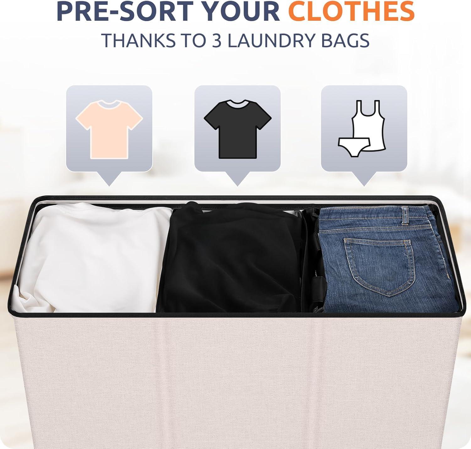 imageSOLEDI 180L Laundry Hamper 3 Section Extra Large Laundry Hamper with Lid Dirty Clothes Hamper with Sturdy Handle Large Laundry Basket Organizer for Laundry Room Bedroom Hampers for LaundryBeige