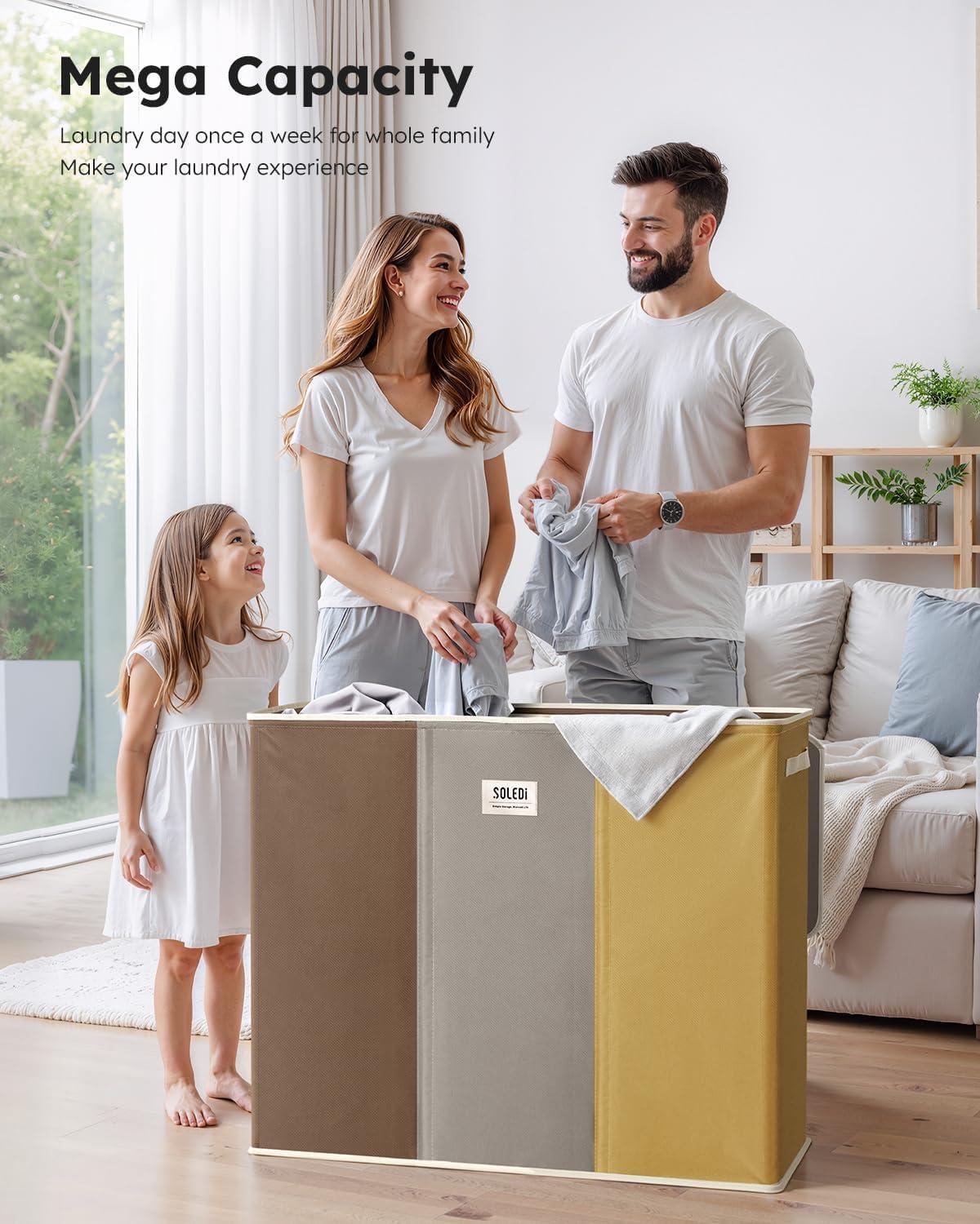 imageSOLEDI 180L Laundry Hamper 3 Section Extra Large Laundry Hamper with Lid Dirty Clothes Hamper with Sturdy Handle Large Laundry Basket Organizer for Laundry Room Bedroom Hampers for LaundryBrownGreyYellow