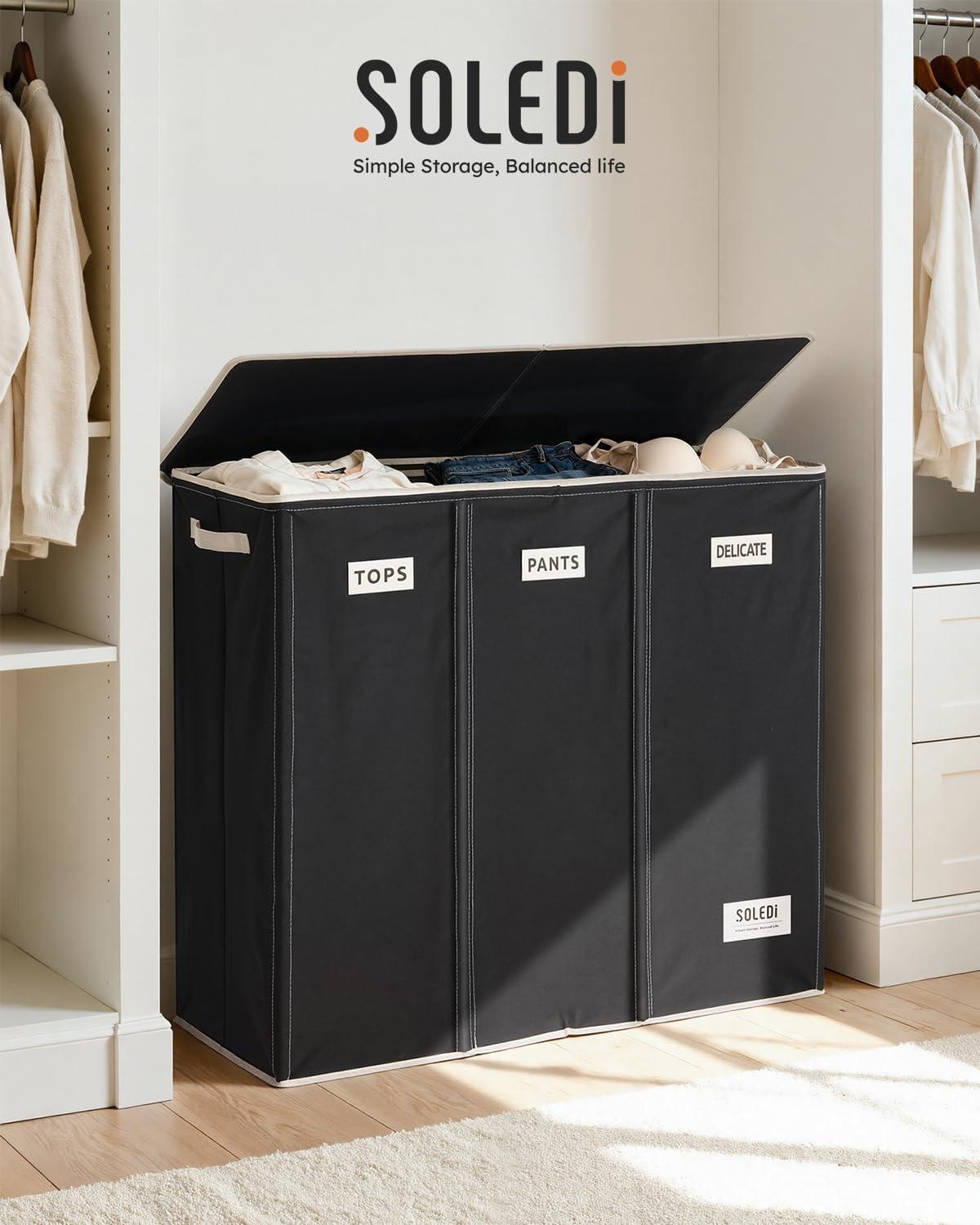 imageSOLEDI 180L Laundry Hamper 3 Section Extra Large Laundry Hamper with Lid Dirty Clothes Hamper with Sturdy Handle Large Laundry Basket Organizer for Laundry Room Bedroom Hampers for LaundryBlack