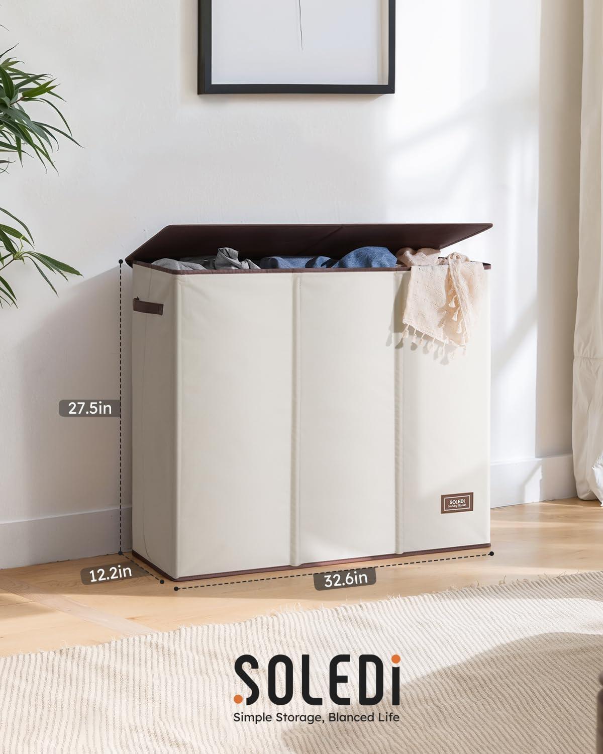 imageSOLEDI 180L Laundry Hamper 3 Section Extra Large Laundry Hamper with Lid Dirty Clothes Hamper with Sturdy Handle Large Laundry Basket Organizer for Laundry Room Bedroom Hampers for LaundryOffwhite